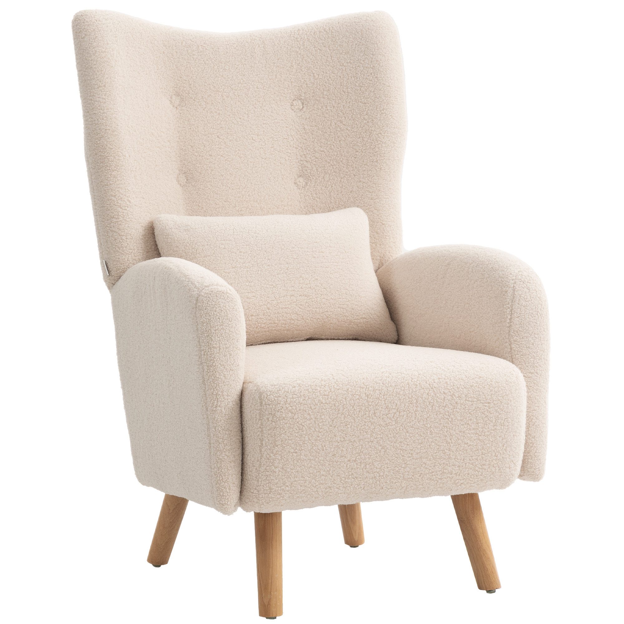 HOMCOM Relaxsessel Ohrensessel mit Lendenkissen, Geplosterter Sessel, Holzbeine (Loungesessel, 1-St., Relaxsessel), für Wohnzimmer, Schlafzimmer, Beige – Bild 2 von 5