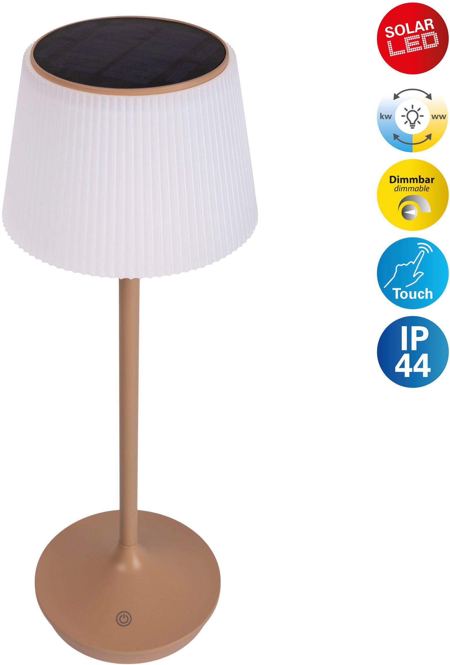 näve LED Tischleuchte Solarleuchte / Akkuleuchte "EMMI", Dimmer, Dimmfunktion, Ein-/Ausschalter, Farbsteuerung, USB-Ladefunktion, mehrere Helligkeitsstufen, LED fest integriert, Neutralweiß, Kaltweiß, Warmweiß, Solarbetrieb, Akkubetrieb, CCT, Berührungssensor, Akkutischleuchte