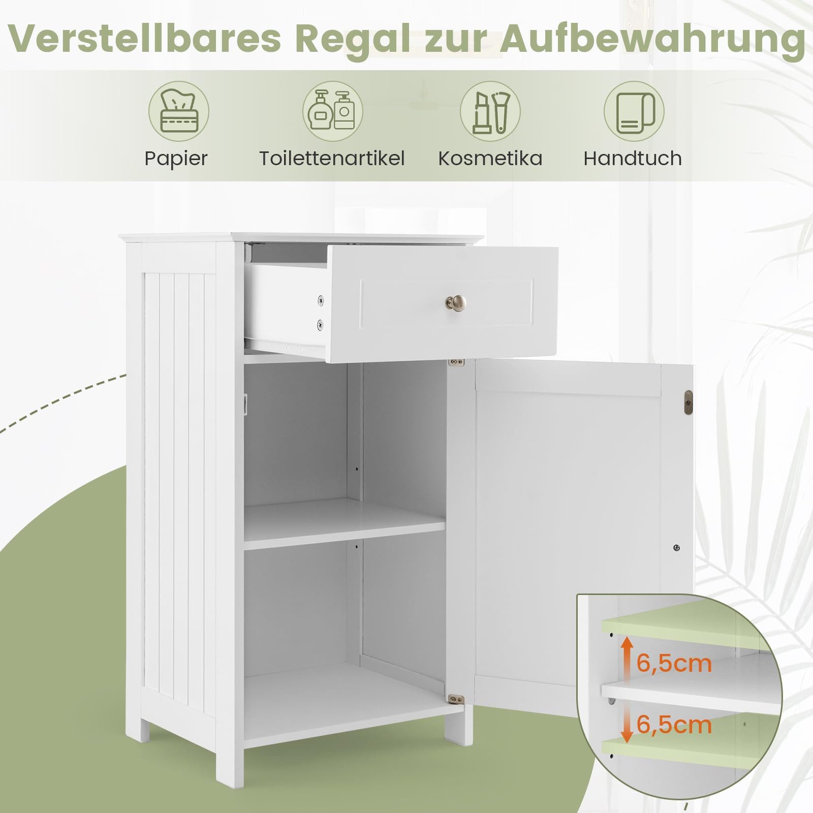 COSTWAY Badkommode mit Schublade & Tür, Badezimmerschrank verstellbare Ablage