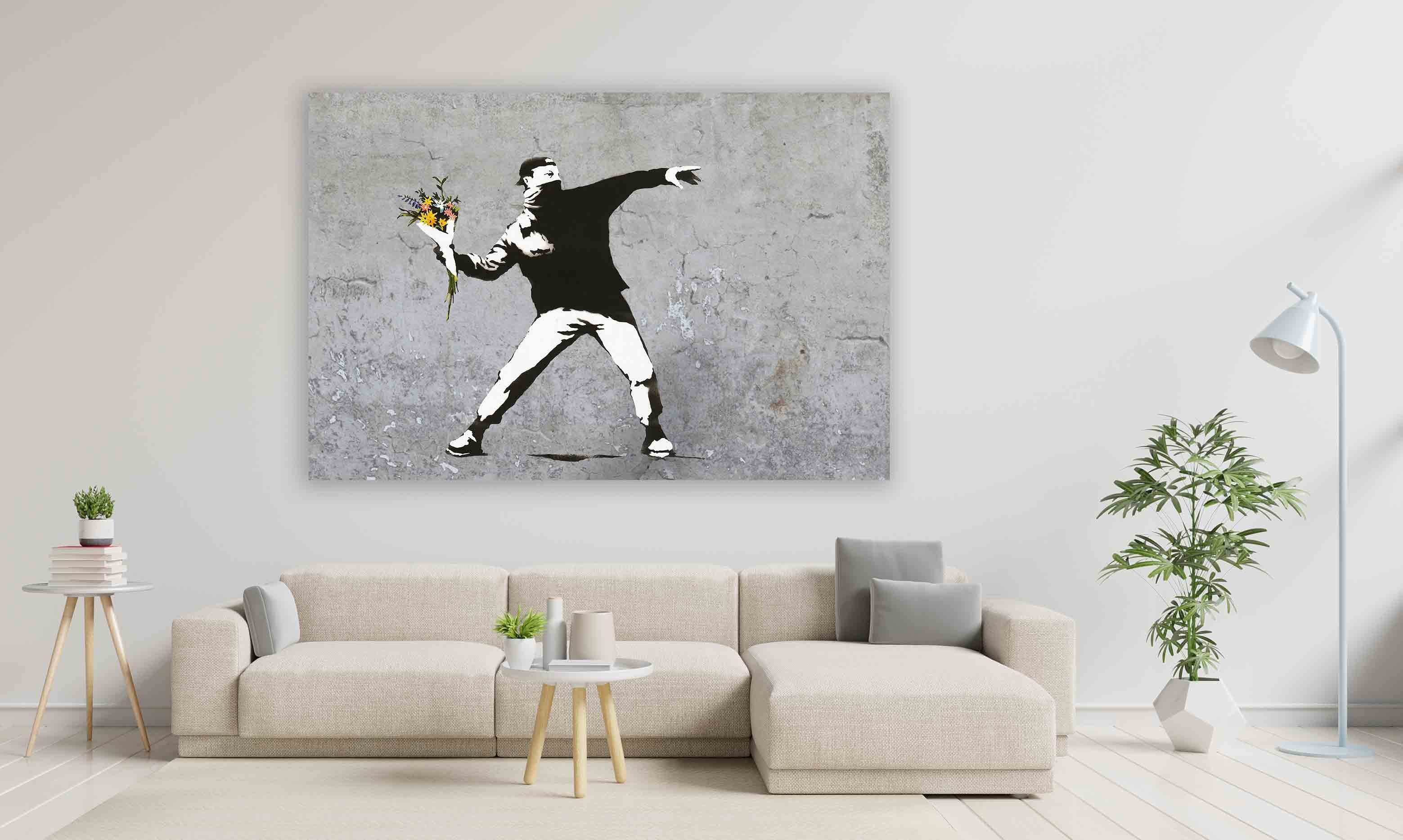 Leinwando Gemälde Banksy Blumenwerfer Grau hochkant günstig online kaufen