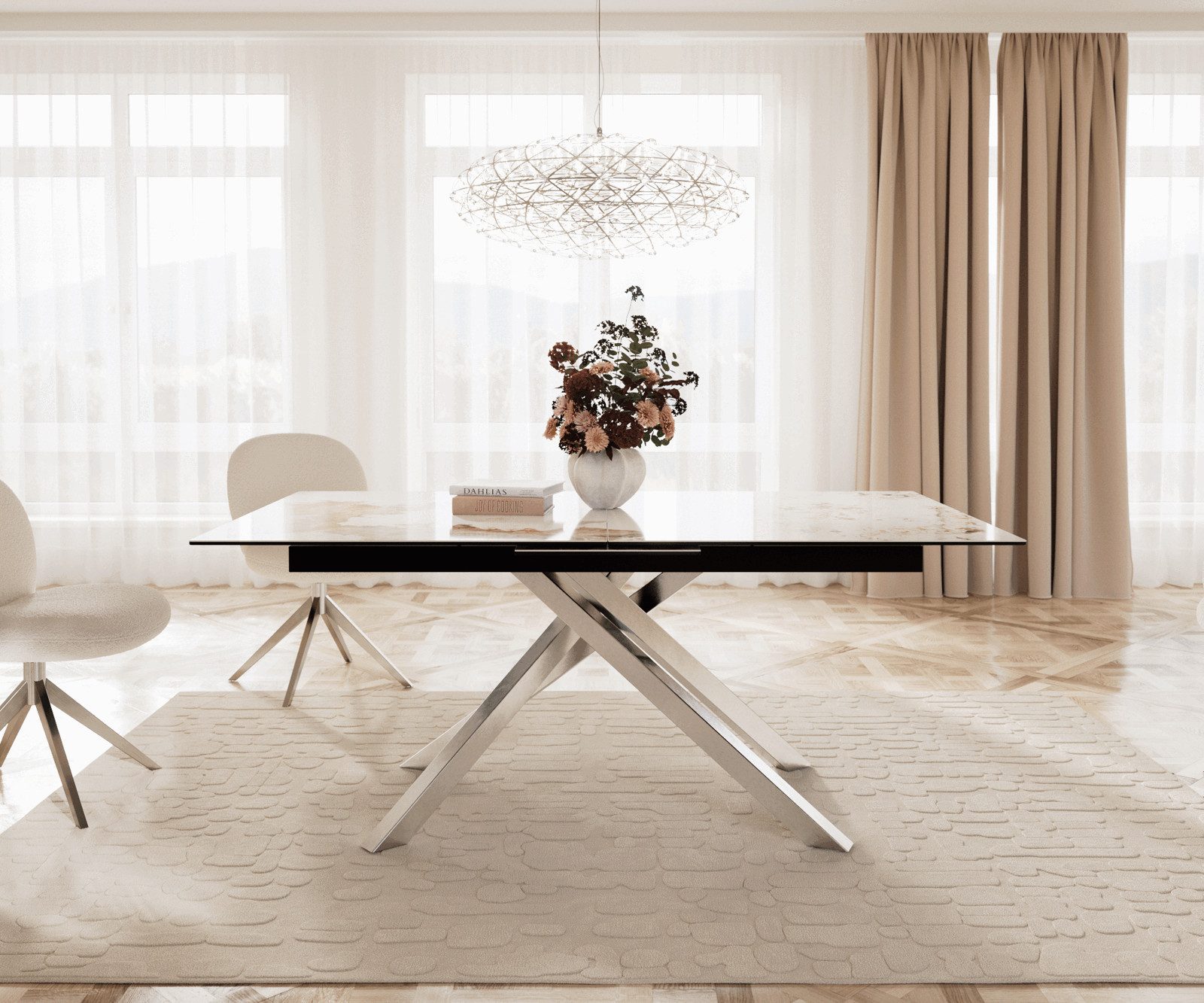 DELIFE Esstisch Edge, Keramik Minas Melange Weiß-Beige 180-220x100 Kreuzgestell Rechteck Ede