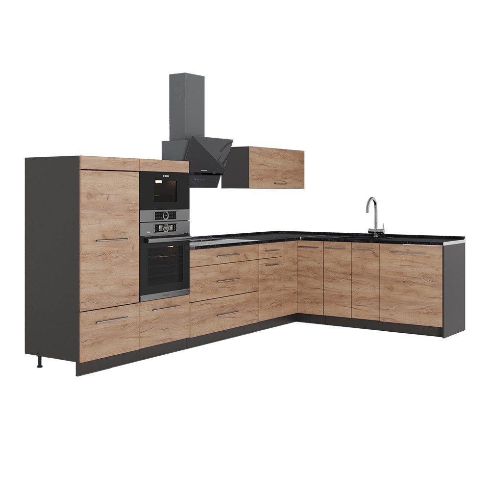 Vicco Winkelküche Fame-Line, Goldkraft Eiche/Anthrazit, 347 x 207 cm ohne Arbeitsplatte