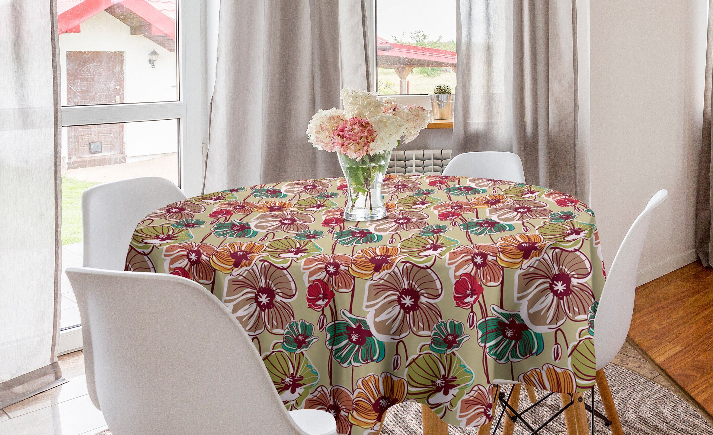 Abakuhaus Tischdecke Kreis Tischdecke Abdeckung für Esszimmer Küche Dekoration, Erdfarben Bunte Mohnblumen