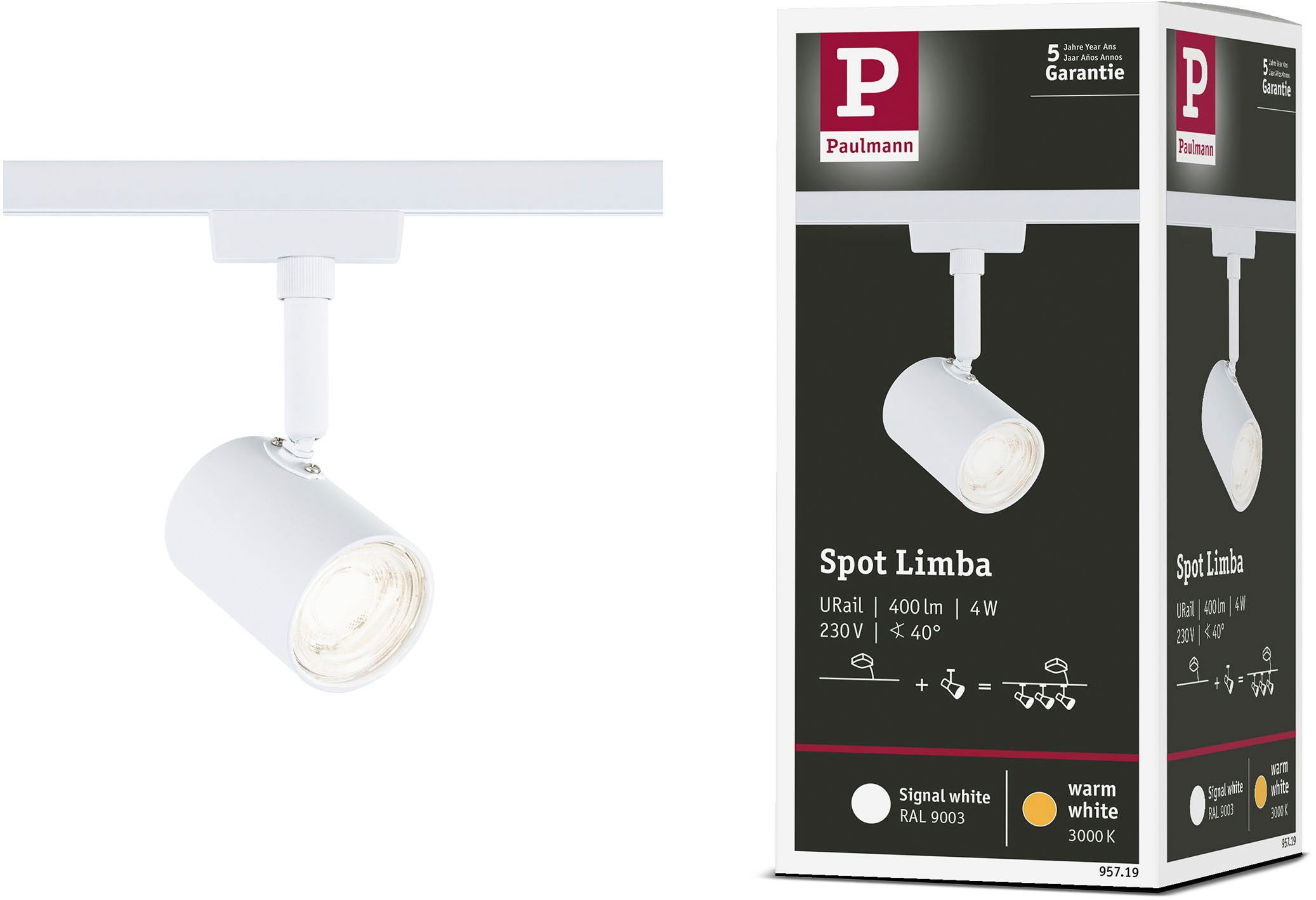 Paulmann Schienensystem-Leuchten URail LED Schienenspot Limba 340lm 4W 3000K 230V Signalweiß, LED fest integriert, Warmweiß