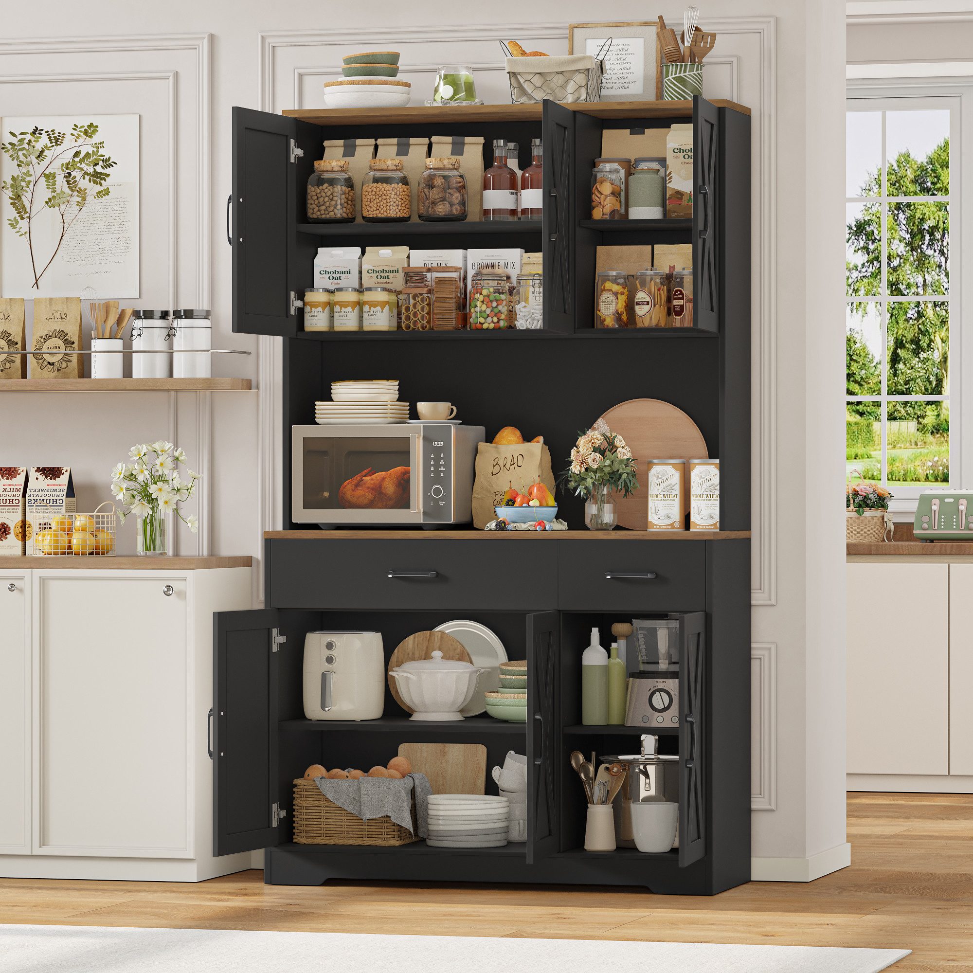 HOMECHO Küchenbuffet Weiß Küchenschrank mit Steckdosen, 6 Türen, 2 Schubladen, 180x105x38cm