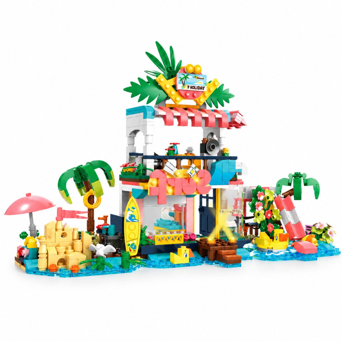 Woma WC0256 Spielbausteine, (Strand-Spielset, 617 St., 4in1-Strandwelt aus 617 Teilen mit vier separat aufbaubaren Modellen), 4in1-Strandwelt mit vier separat aufbaubaren Spielbereichen