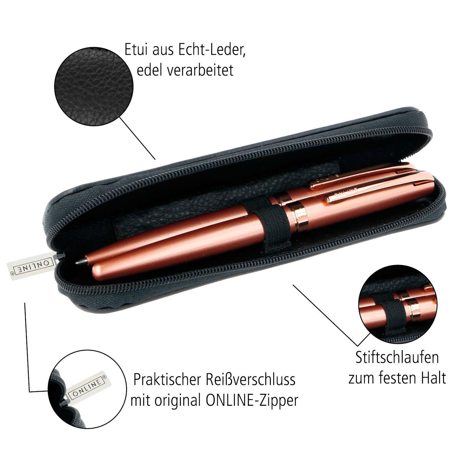 Online Pen Schreibgeräteetui Lederetui, (hochwertiges Füller-Etui), Stifte-Mäppchen aus Echtleder schwarz
