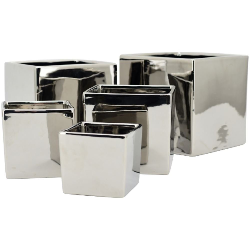Exner GmbH Garten- & Wohnaccessoires Übertopf 3er Set Übertopf Silber Chrom Optik Keramik Quadratisch Klein 9x9 cm (3 St), Blumenübertopf