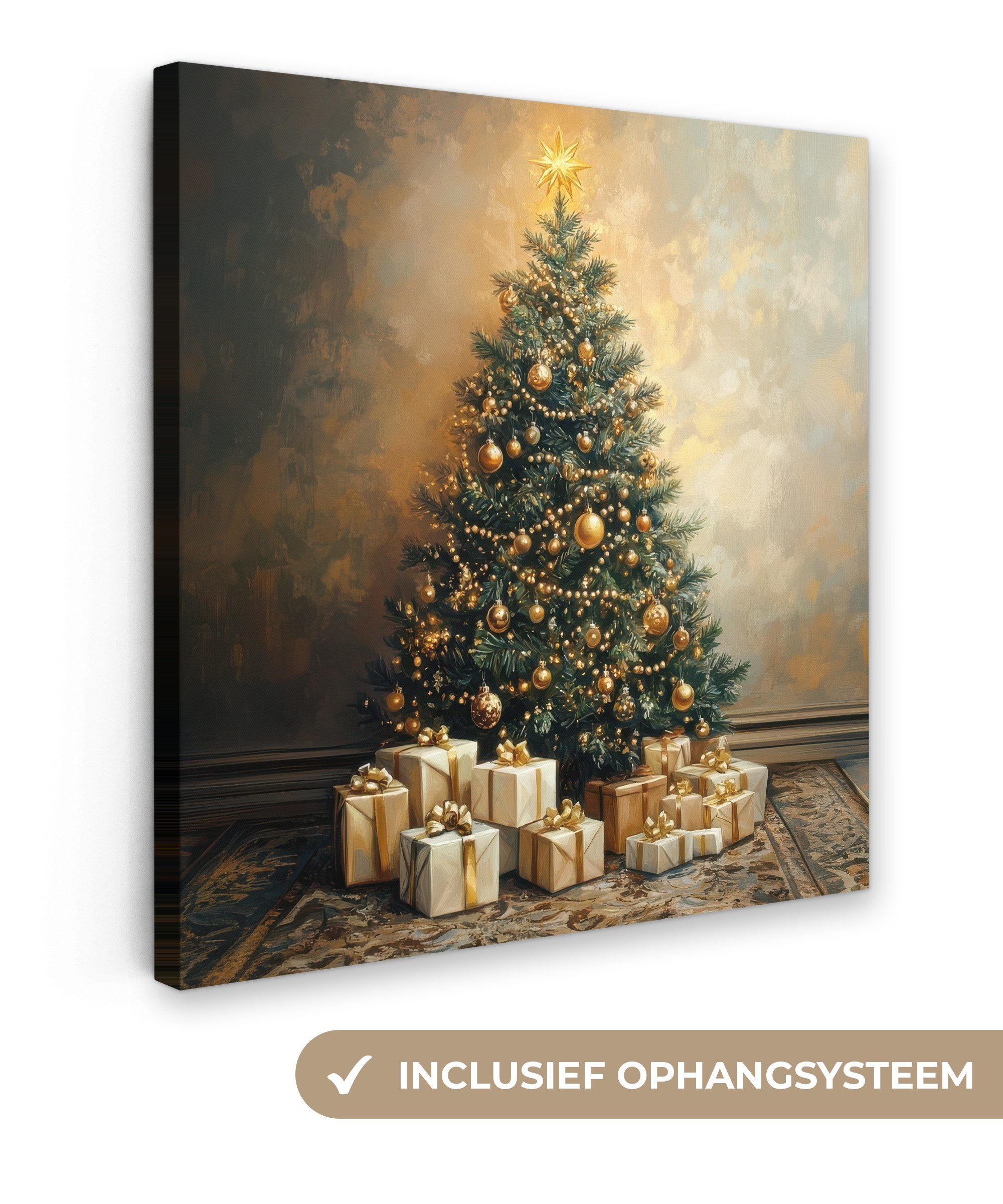 OneMillionCanvasses® Leinwandbild Weihnachtsbaum - Geschenke - Gold, Fotodruck (1 St), Wandbild, Deko Schlafzimmer Wohnzimmer Flur 20x20 cm