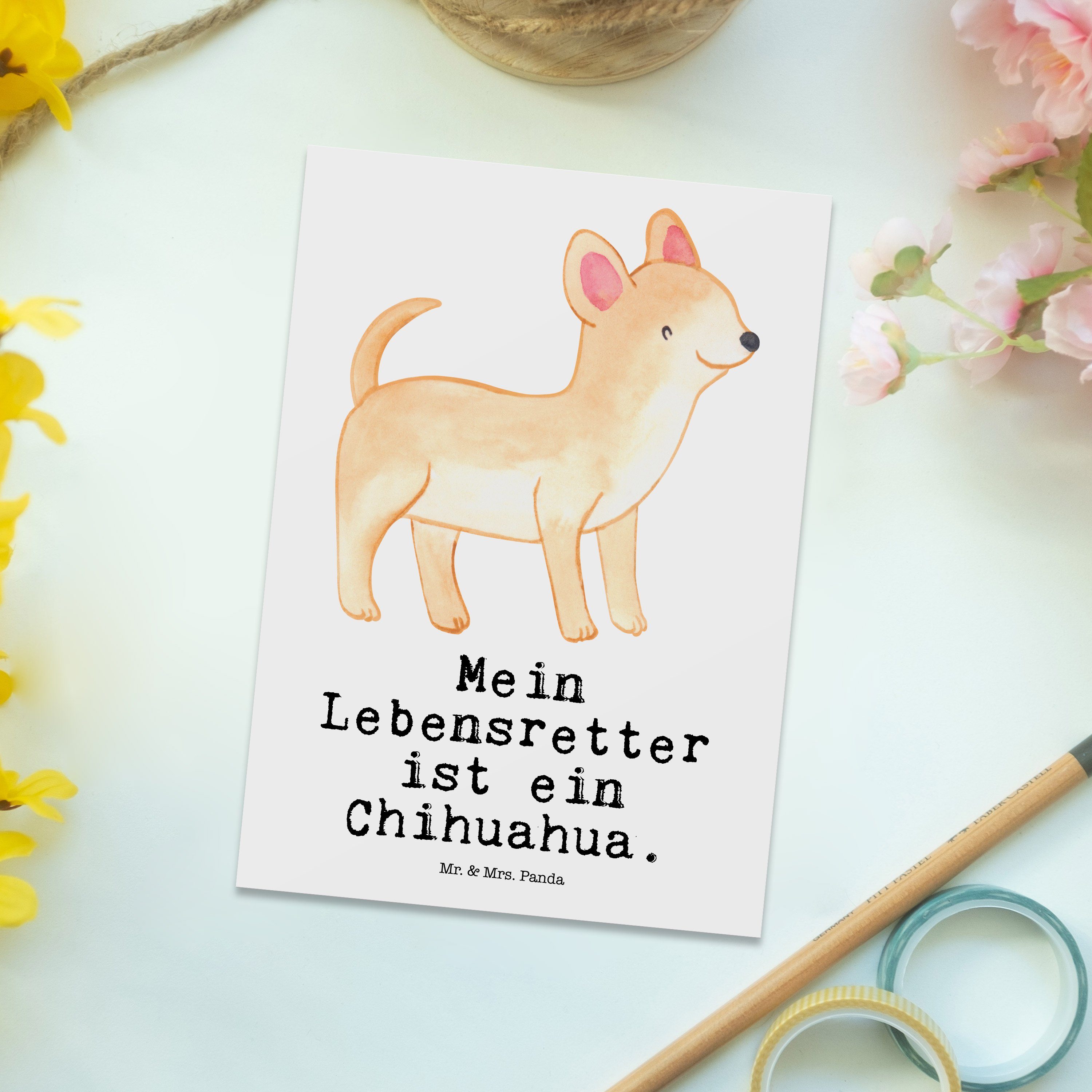 Hundebesi Geschenk, Chihuahua & Panda Lebensretter Mr. Weiß Postkarte - Grußkarte, Mrs. - Karte,