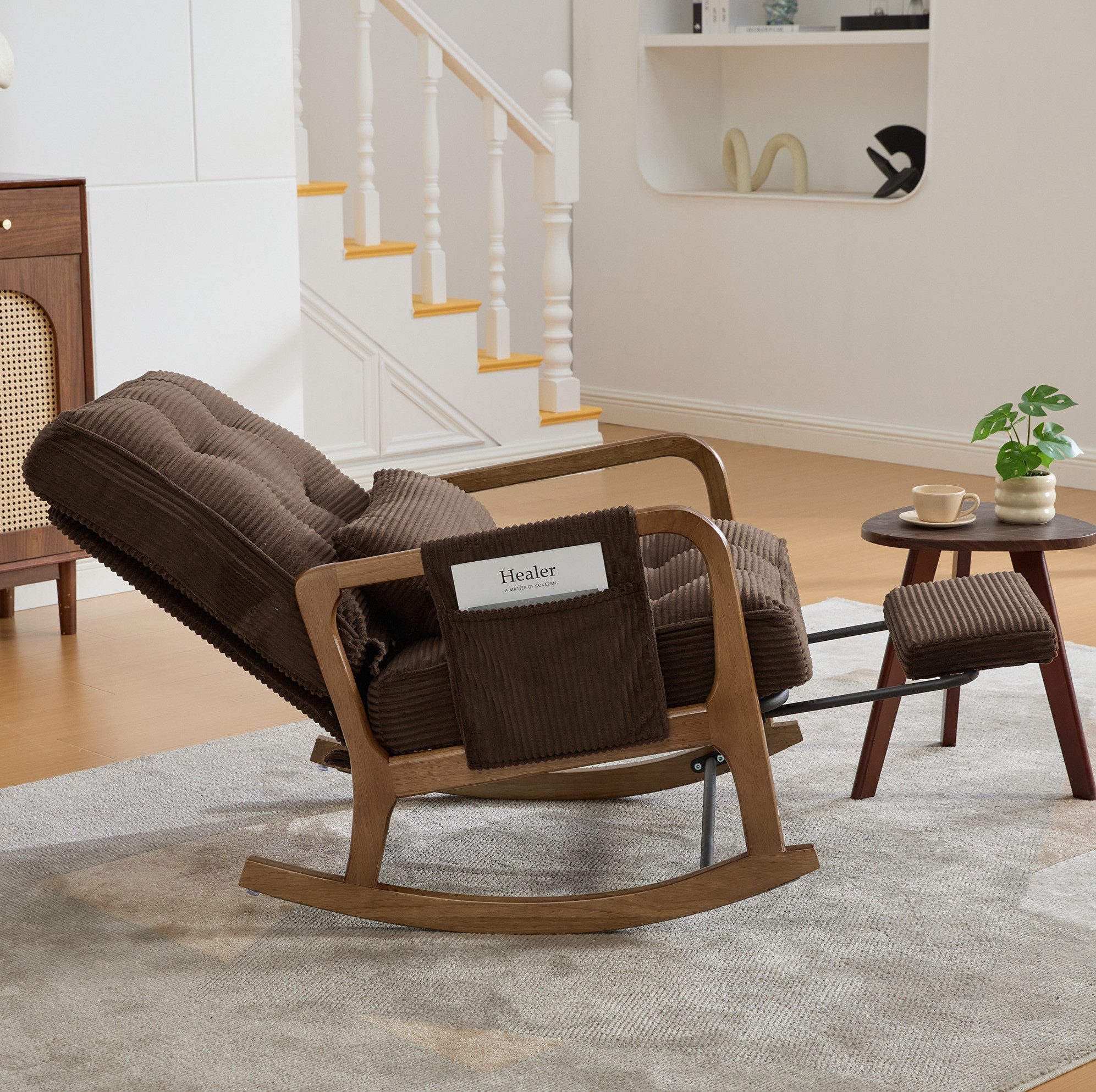 OKWISH Loungesessel Schaukelstuhl (mit verstellbarer Lehne, Fußstütze und praktischen Seitentaschen), Relaxsessel Polstersessel