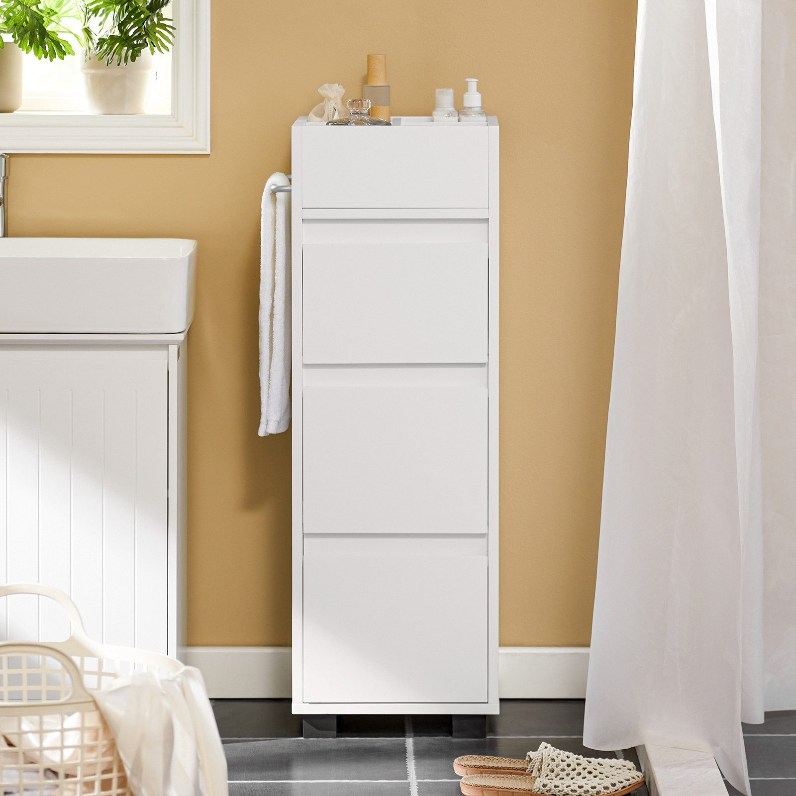 SoBuy Midischrank BZR29, Badschrank schmal, Badezimmerschrank Badkommode Beistellschrank Midischrank Kommode mit 3 Schubladen und 4 Fächern, Badezimmer