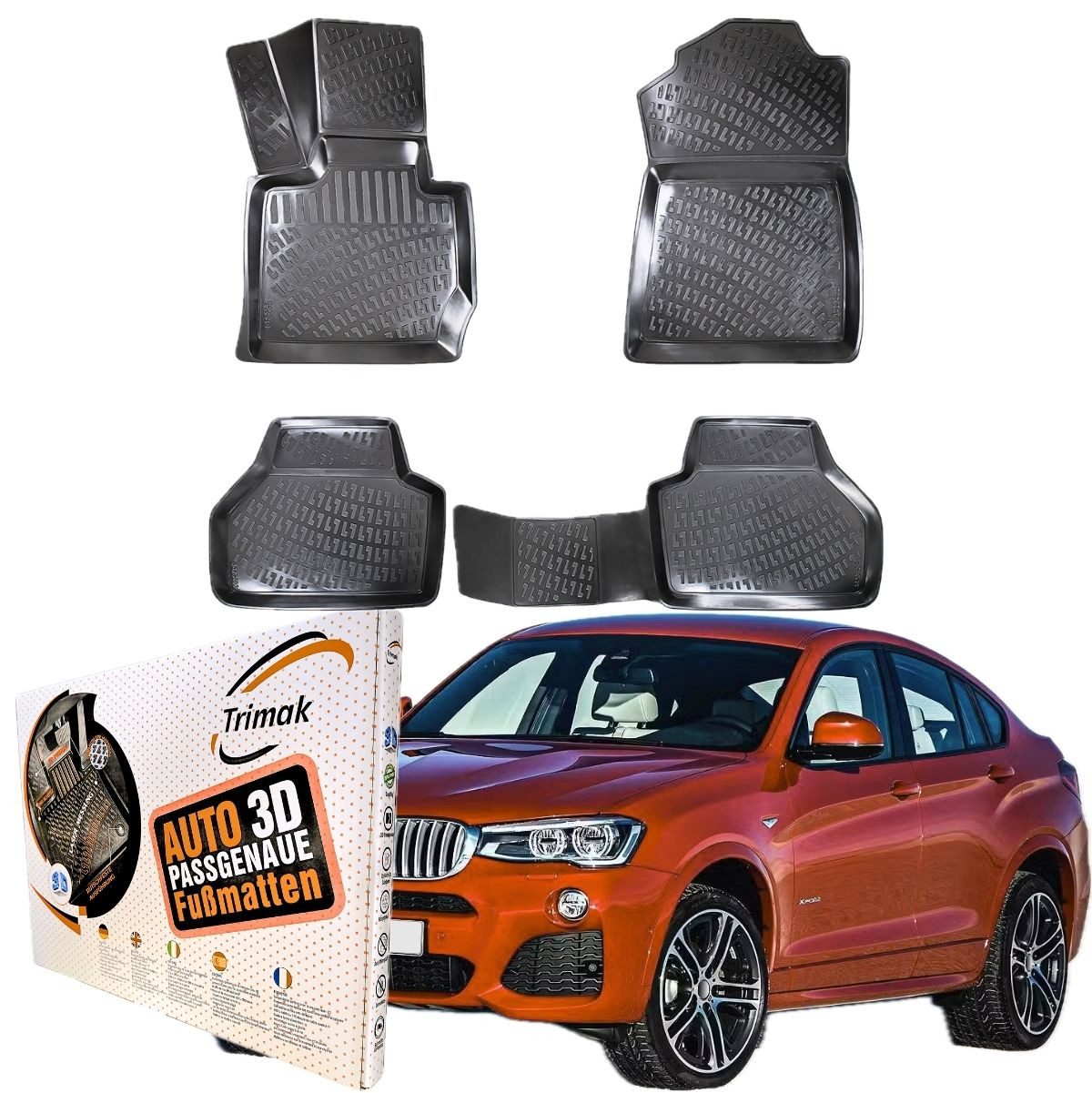 Trimak Passform-Fußmatten Oder Kofferraumwanne Oder Set für BMW X4, BMW X4 F26 2014-2018 Gummimatten Auto TPE Allwetter Fussmatten