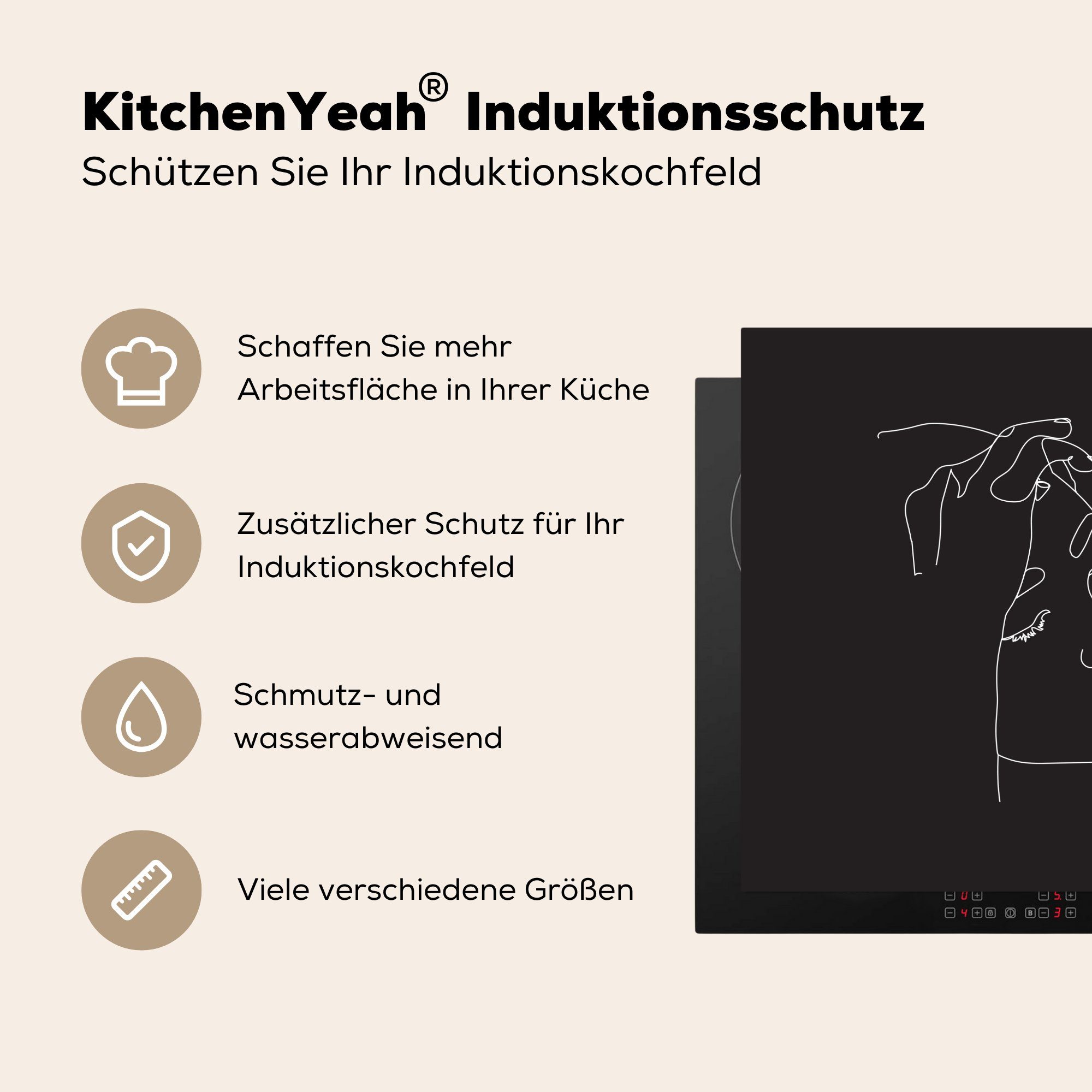 - Gesicht für Vinyl, Ceranfeldabdeckung, (1 Hand MuchoWow cm, tlg), Herdblende-/Abdeckplatte 78x78 Arbeitsplatte - Strichzeichnung - Frau, küche