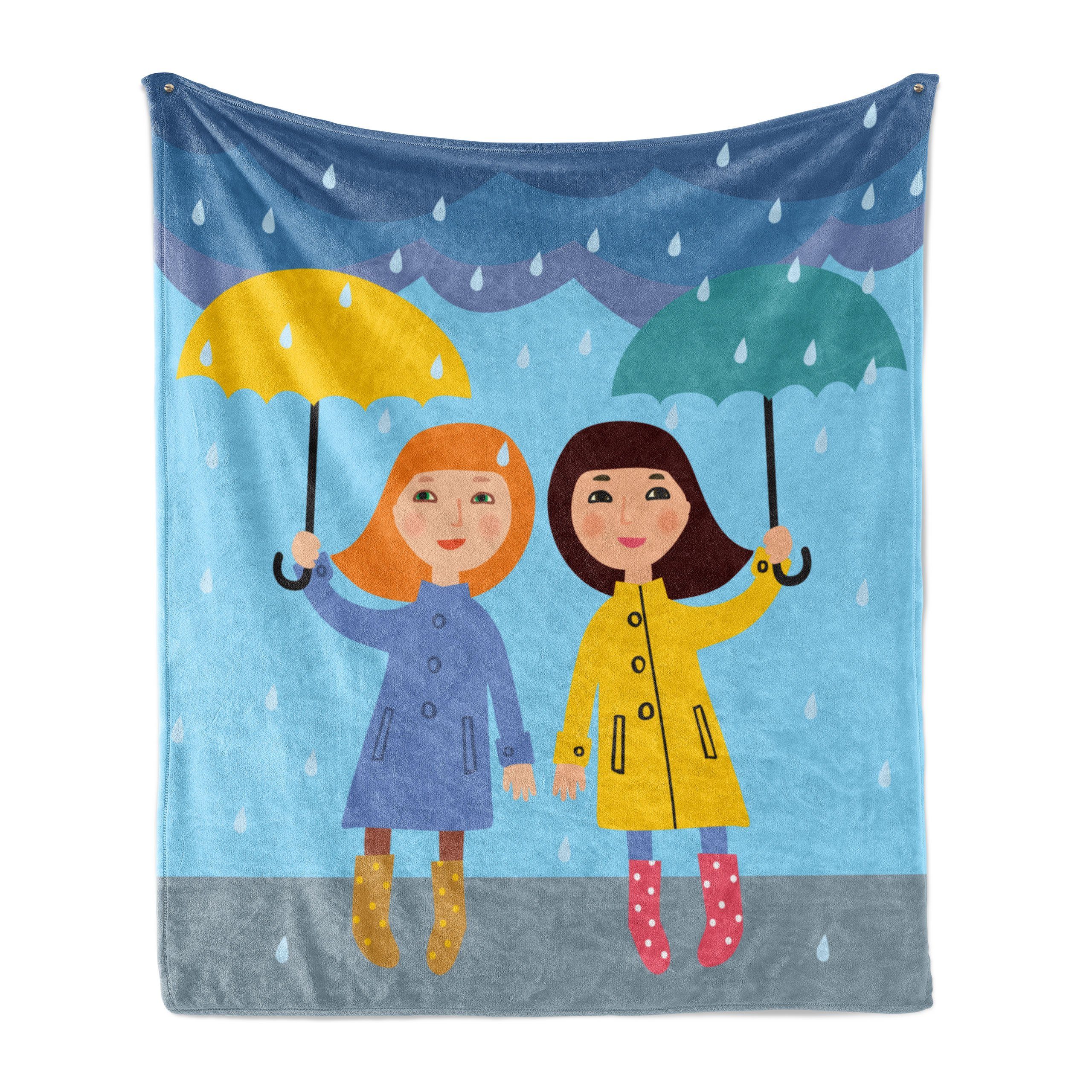 Wohndecke Gemütlicher Plüsch für den Innen- und Außenbereich, Abakuhaus, Regenschirm-Mädchen Mädchen unter dem Regen