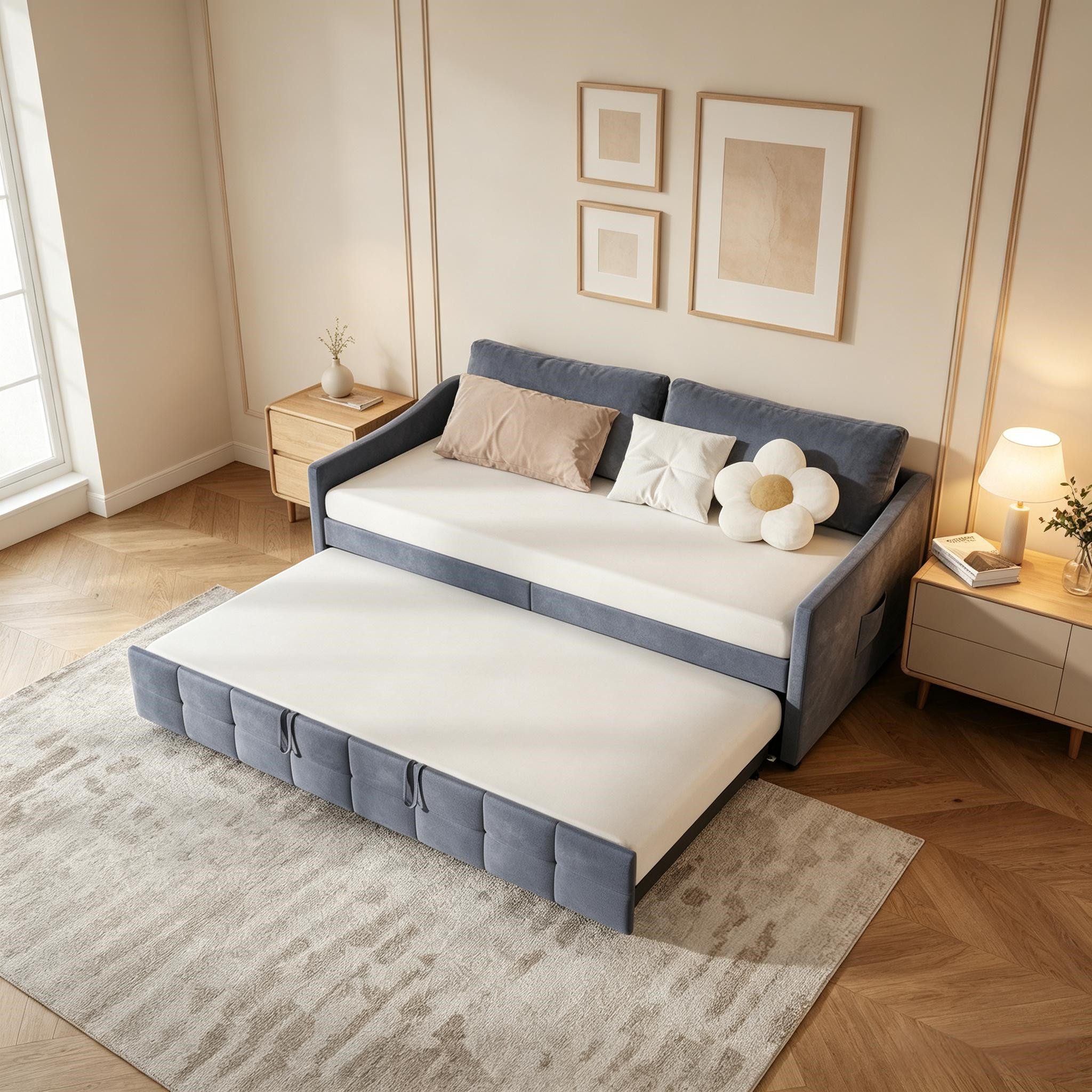 Simurq Einzelbett Gepolstertes Ausziehbett 90x200 cm,Schlafsofa mit Lattenrost,Samtbezug
