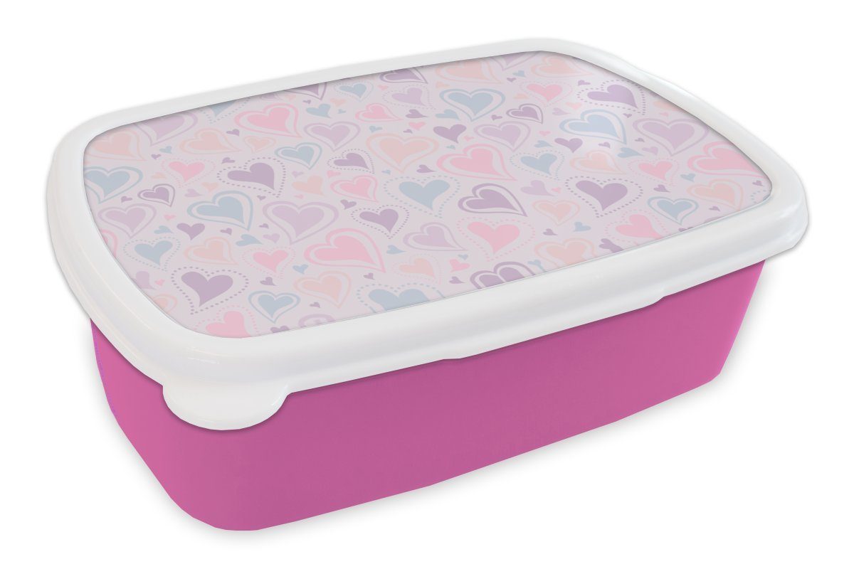 MuchoWow Lunchbox Mädchen - Herzen - Schnittmuster - Mädchen - Kinder - Kinder, Kunststoff, (2-tlg), Brotbox für Erwachsene, Brotdose Kinder, Snackbox, Mädchen, Kunststoff rosa