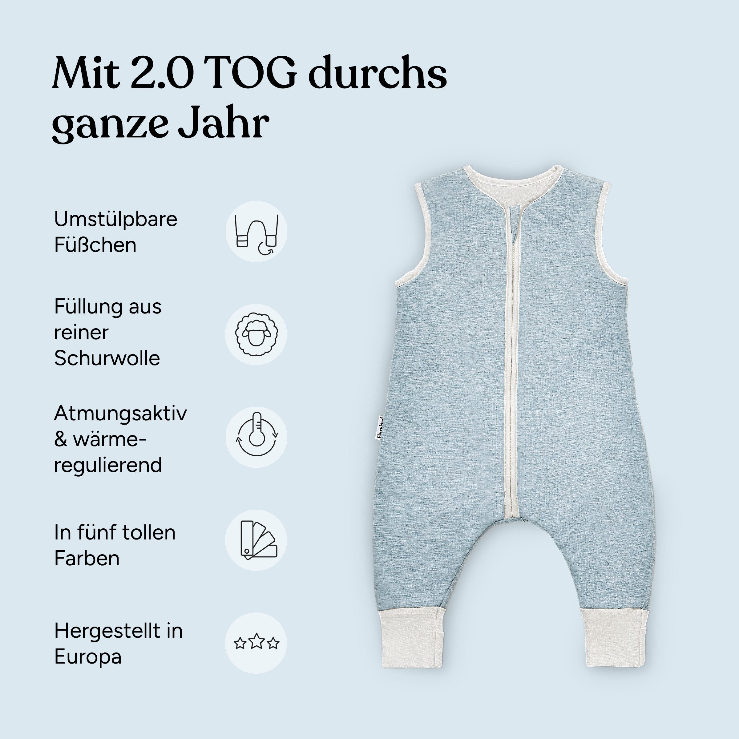 Ehrenkind Babyschlafsack Ganzjahresschlafsack mit Beinen und Wollfüllung, 100% Bio-Baumwolle (Ganzjährig verwendbar, Für ein optimales Schlafklima), Sorgt für wohlige Wärme ohne zu überhitzen