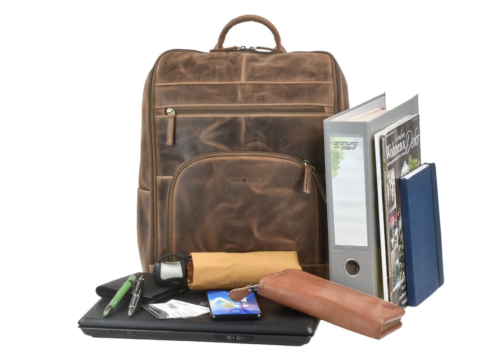 Greenburry Notebookrucksack "Vintage" Leder Laptop Rucksack Damen Herren, Rucksack, Freizeitrucksack, Business mit Notebookfach