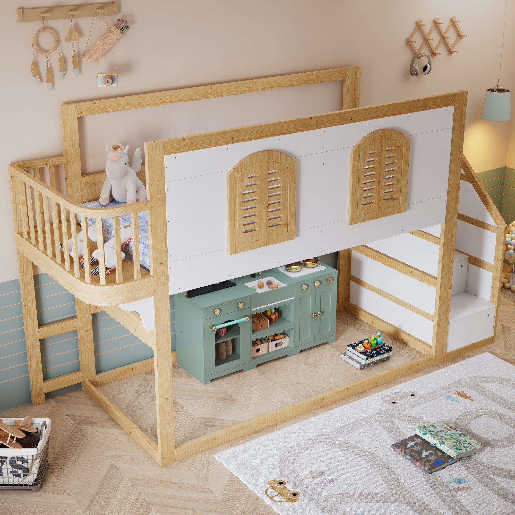 TavilaEcon Hochbett Kinderbett mit Treppenschrank, Spielfläche & Fensterdesign (1-St) mitTreppenschrank und Massivholz in Naturoptik, 90x200cm