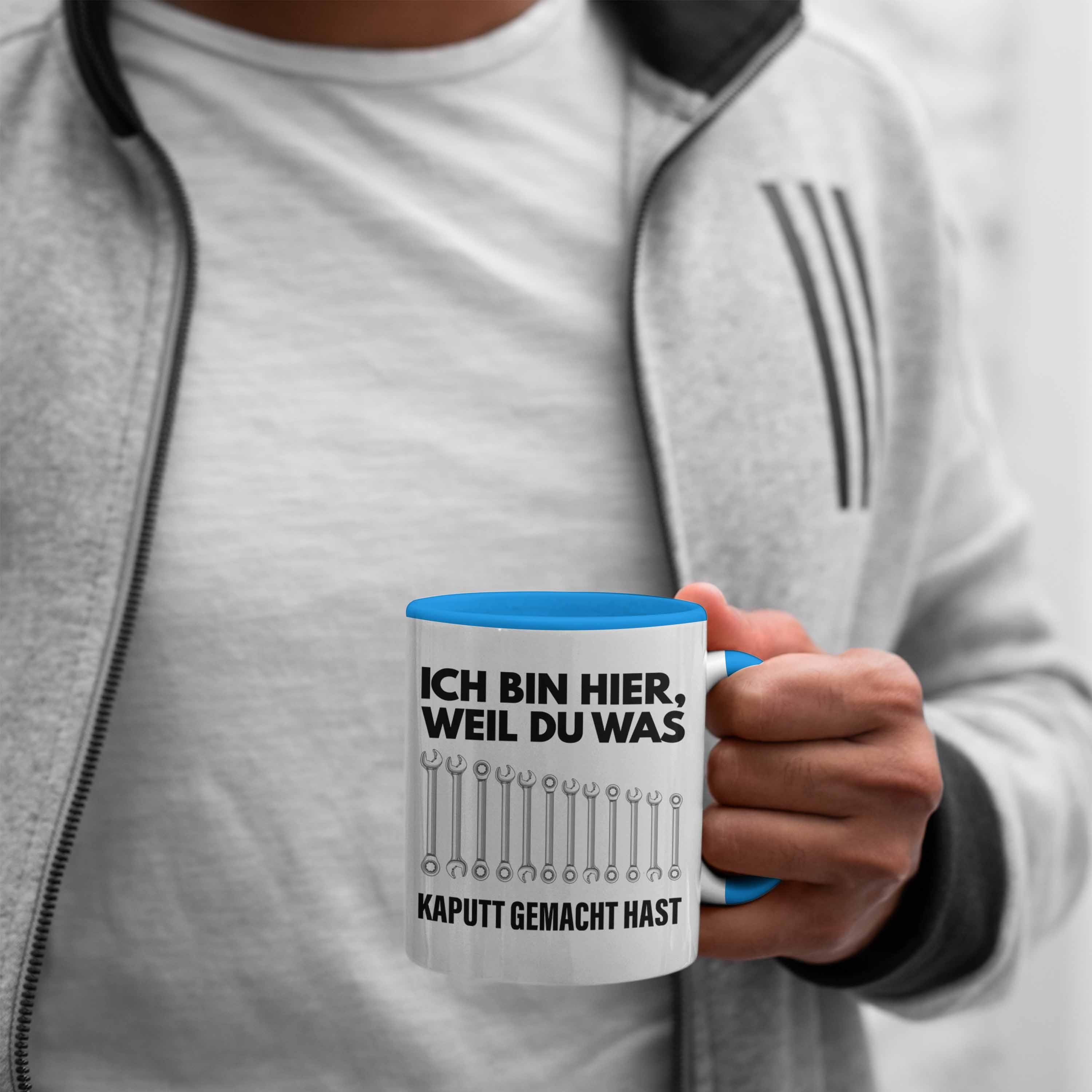 Trendation Tasse Trendation KFZ - Handwerker Werkstatt Hausmeister Blau Automechaniker Tasse Tasse Mechaniker Lustig Geschenk