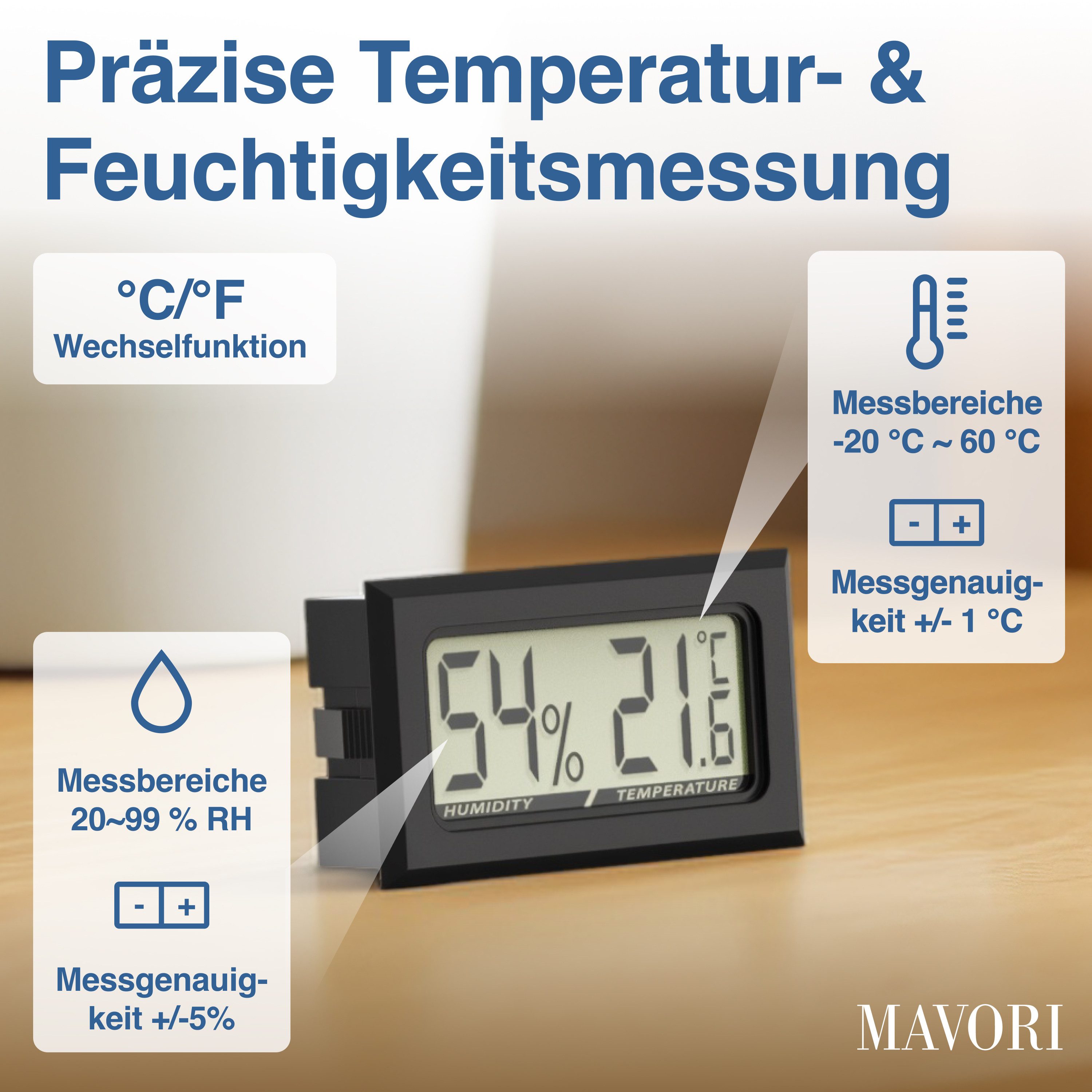 MAVORI Raumthermometer und Hygrometer innen mit sehr präzisen Messwerten, 3-tlg., Hygrometer mit Thermometer digital