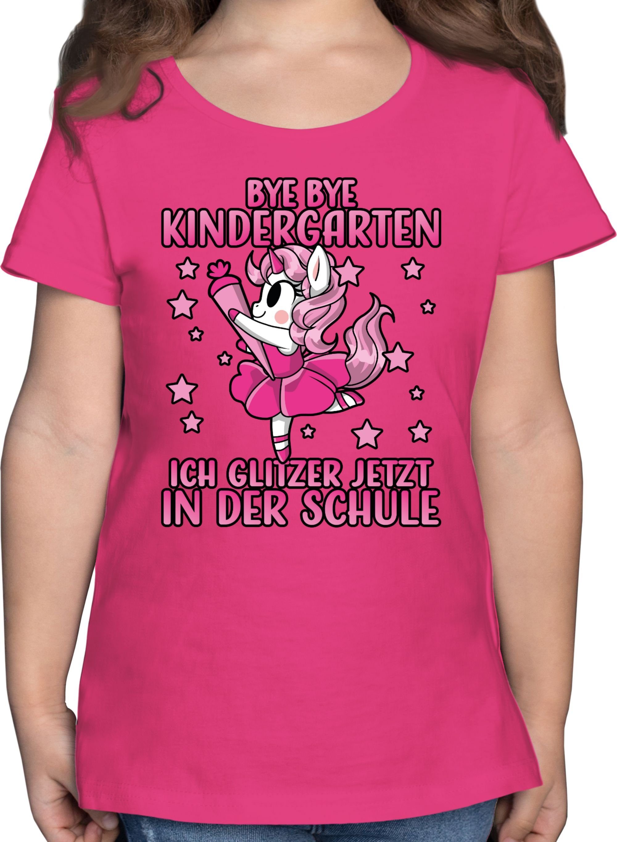 Shirtracer T-Shirt Bye Bye Kindergarten ich glitzer jetzt in der Schule mit Einhorn - Pin Einschulung Mädchen