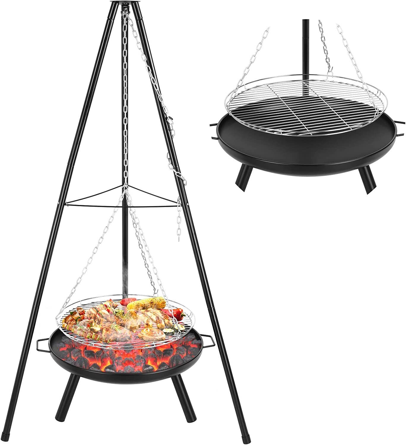 Femor Holzkohlegrill, Schwenkgrill mit Feuerschale, Dreibein für