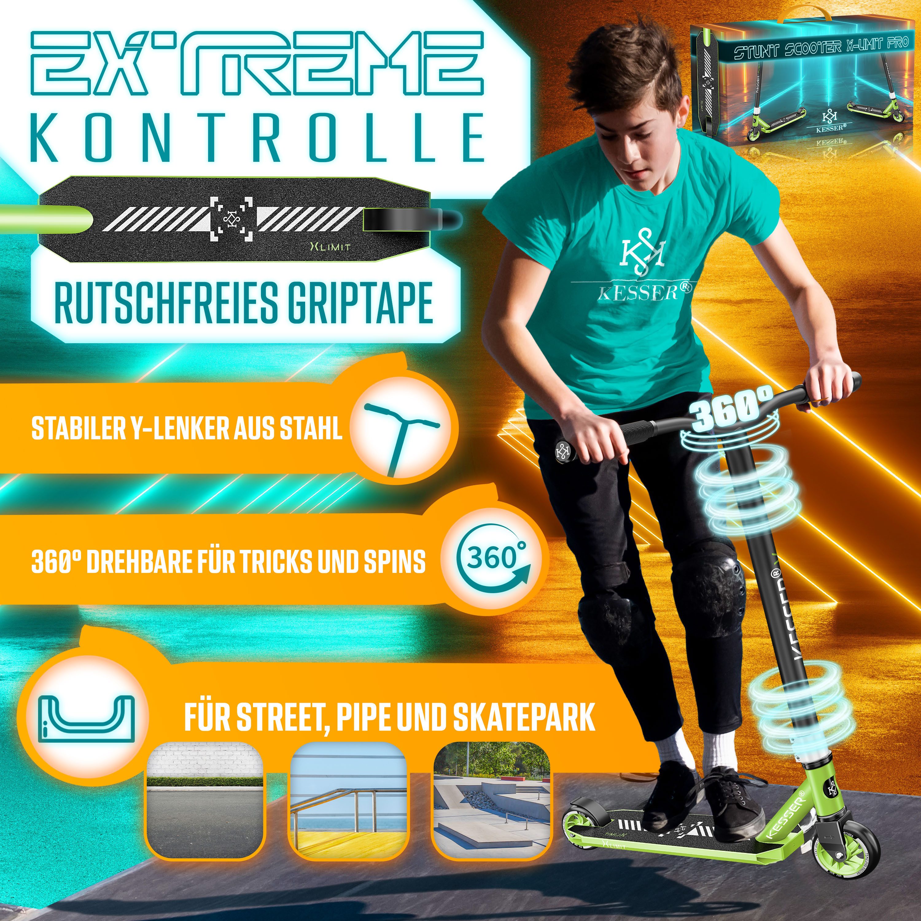 KESSER Scooter, Stunt Scooter X-Limit-Pro 360° Lenkung Funscooter Stuntscooter
