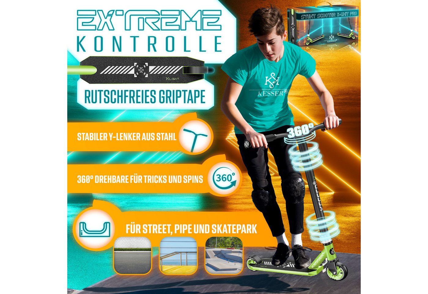 Thumbnail - KESSER Scooter, Stunt Scooter X-Limit-Pro 360° Lenkung Funscooter Stuntscooter