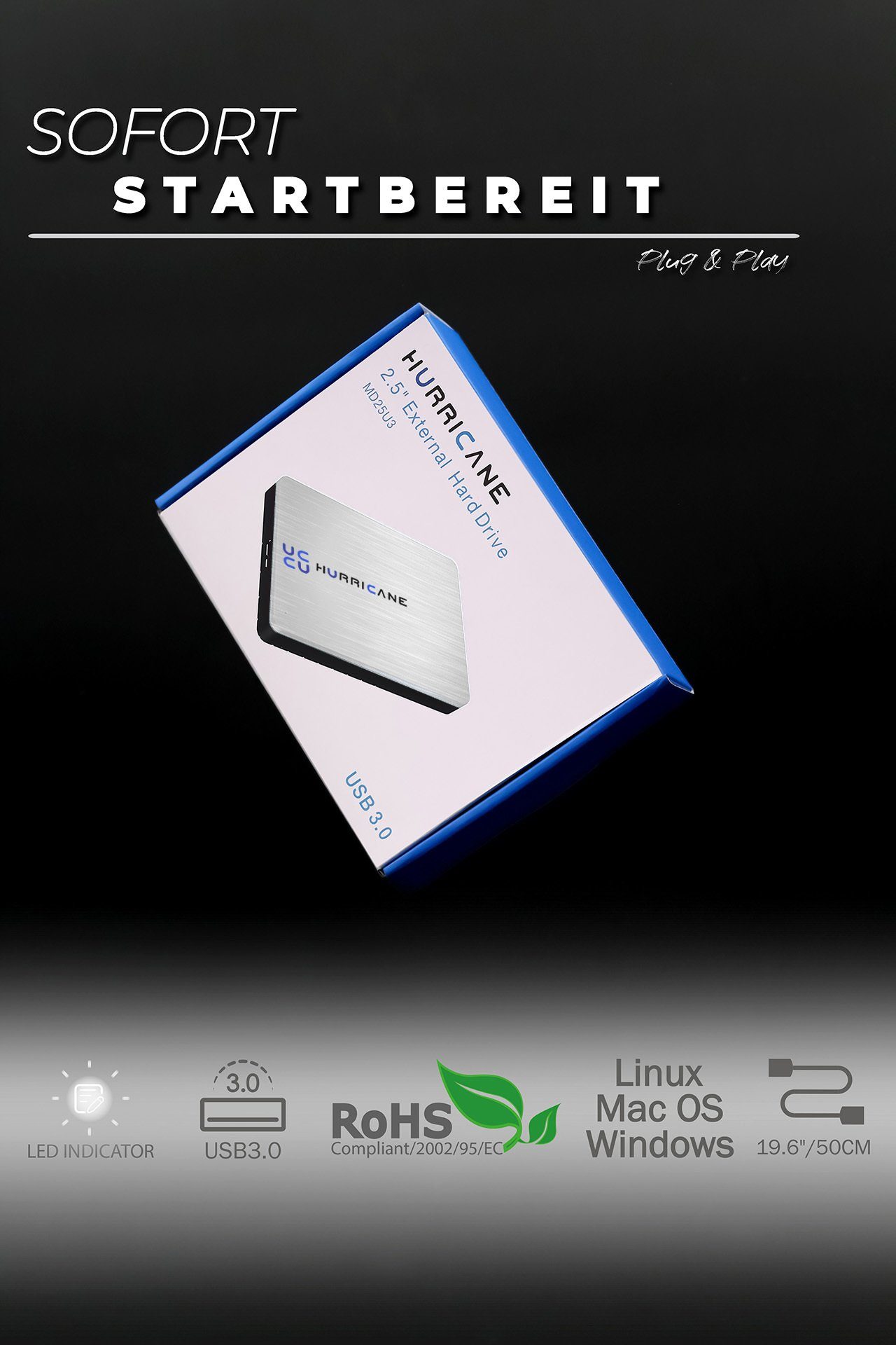 HURRICANE MD25U3 Tragbare Externe Festplatte PS5 smart Laptop externe TV 2,5", (1TB) Linux für 2,5" HDD-Festplatte kompatibel 1TB 3.0 Xbox, PS4 Mac und Windows USB mit