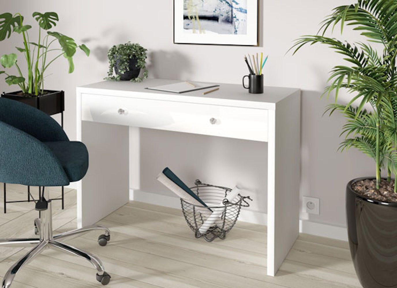 Helvetia Eckschreibtisch Irun (Irun), 110x50x78cm weiß Hochglanz mit Schublade