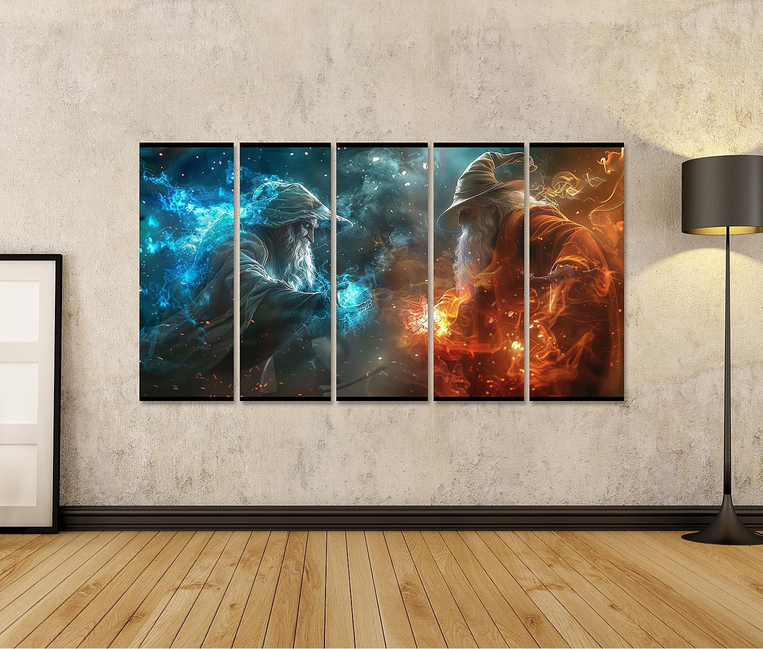 islandburner Leinwandbild, Zauberer im Kampf der Elemente Magie und Feuer