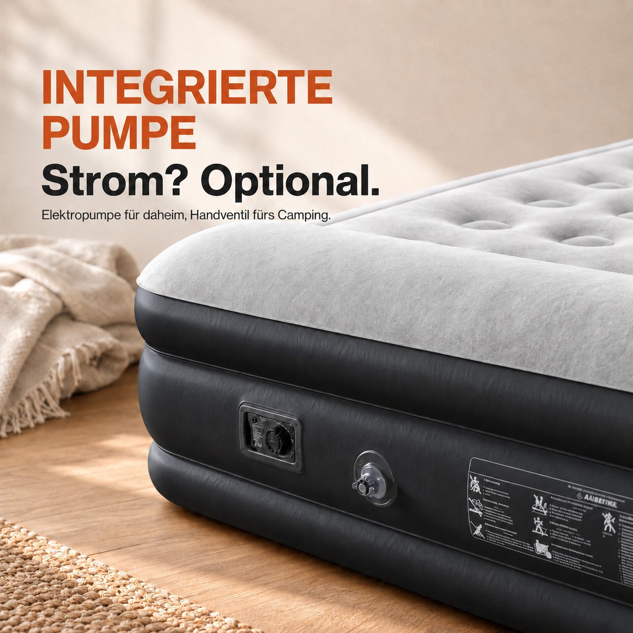 Onbest Luftbett Luftmatratze Gästebett mit elektrischer Luftpumpe und Kissen, 250 kg, 2 Personen, wasserabweisend, selbstaufblasend, 0,6 mm