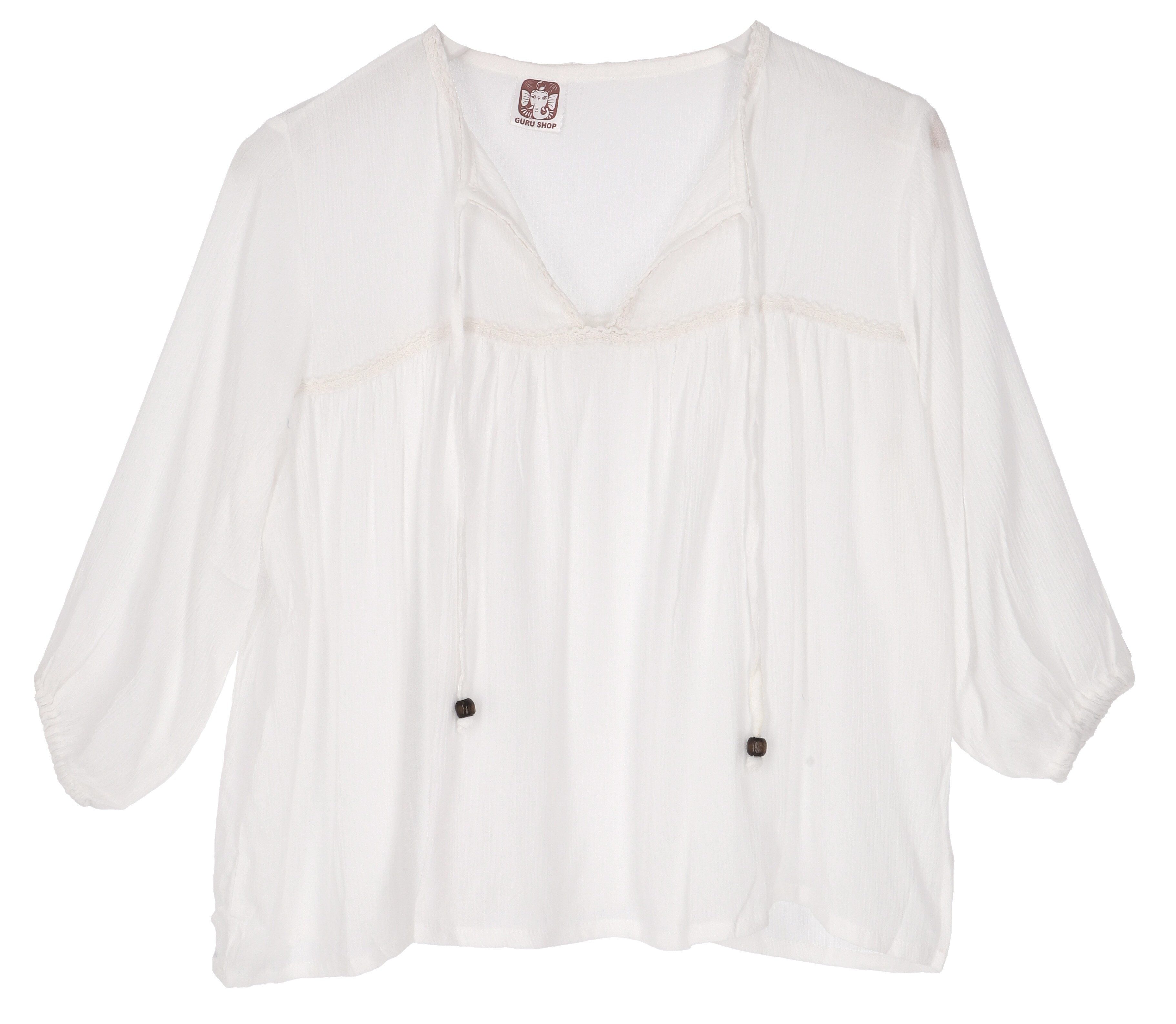 Guru-Shop Longbluse Luftige Boho Bluse, Maxibluse mit Spitze - weiß