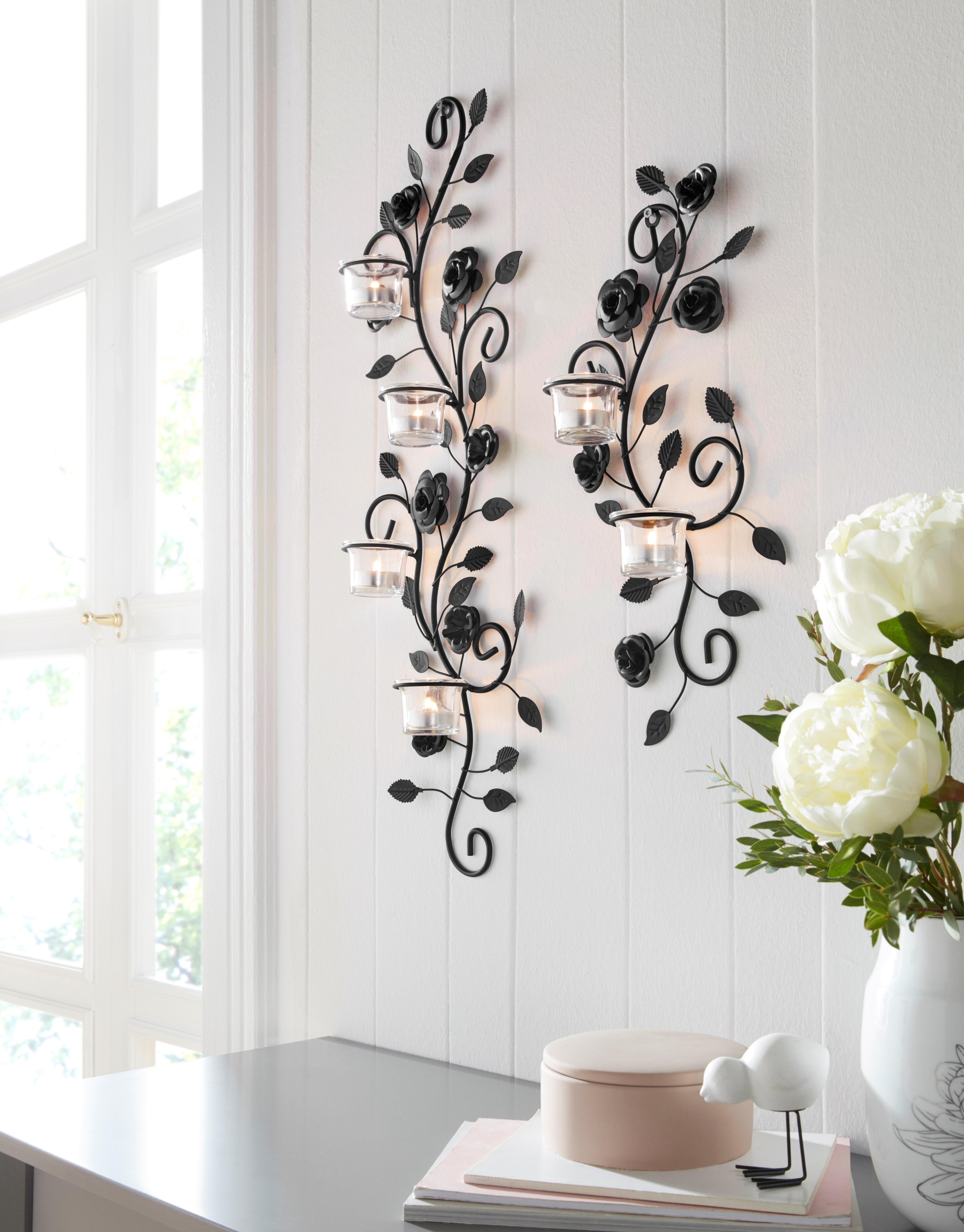 OTTO home Wandkerzenhalter Blumenranke, schwarz (2er-Set), Landhaus, Metall, Glas, schwarz antik