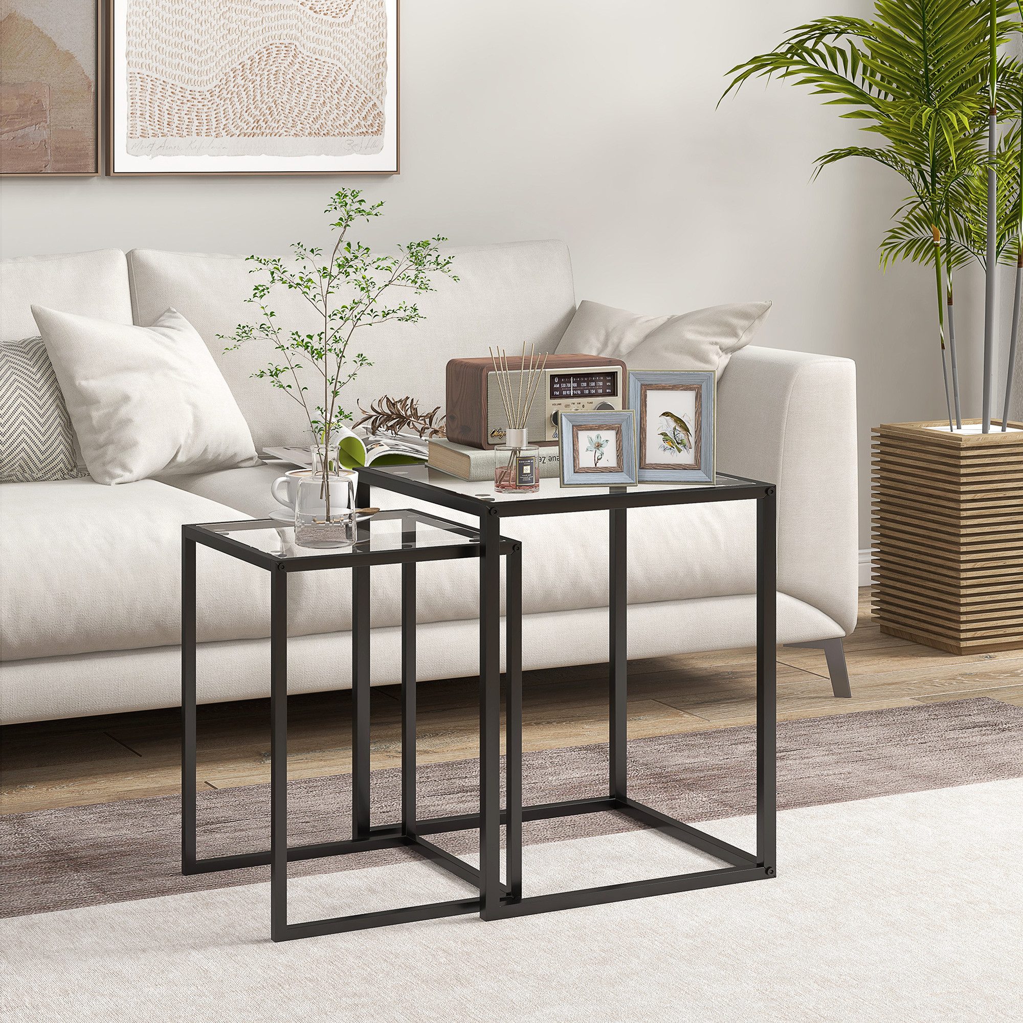 HOMCOM Beistelltisch Nachttisch Couchtisch stapelbar, mit Beinen aus Stahl, modern (Wohnzimmertisch, 2-St., Kaffeetisch), für Wohnzimmer, Schlafzimmer, Schwarz