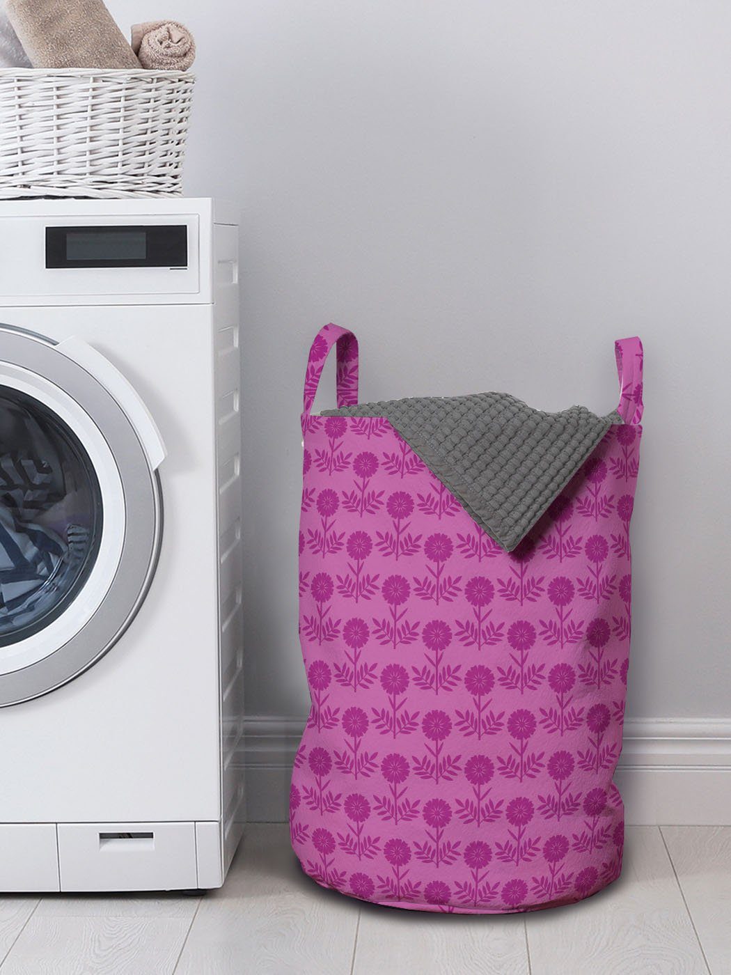 Waschsalons, Griffen Grafische Wäschesäckchen für Kordelzugverschluss mit Lila Blumenzeichnung Abakuhaus Wäschekorb