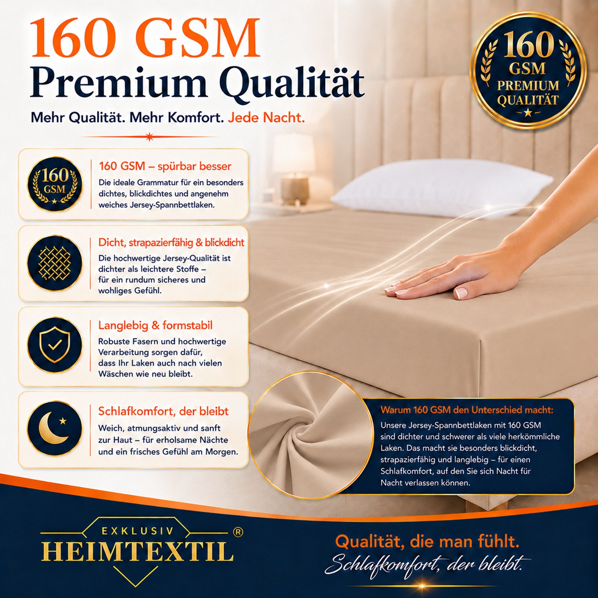 EXKLUSIV HEIMTEXTIL Spannbettlaken Jersey Spannbettlaken Deluxe Marke, Jersey, Gummizug: Rundum, (1 Stück), mit Rundumgummi, 160g/m² – Bild 4 von 5