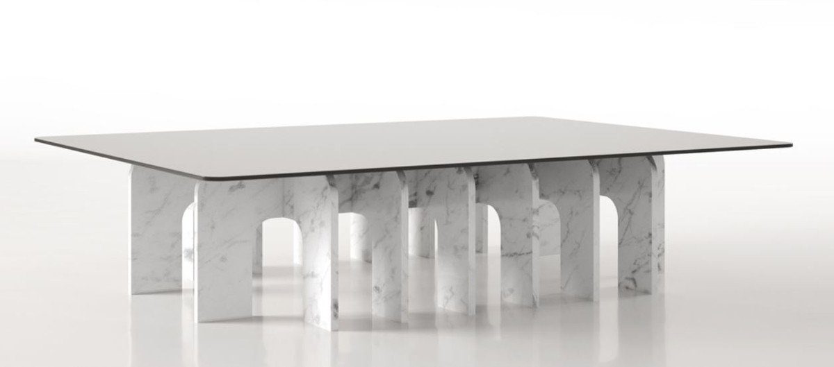 Casa Padrino Couchtisch Luxus Marmor Couchtisch mit Glasplatte Weiß 140 x 80 x H. 35 cm - Rechteckiger Wohnzimmertisch aus hochwertigem spanischen Carrara Marmor - Luxus Möbel