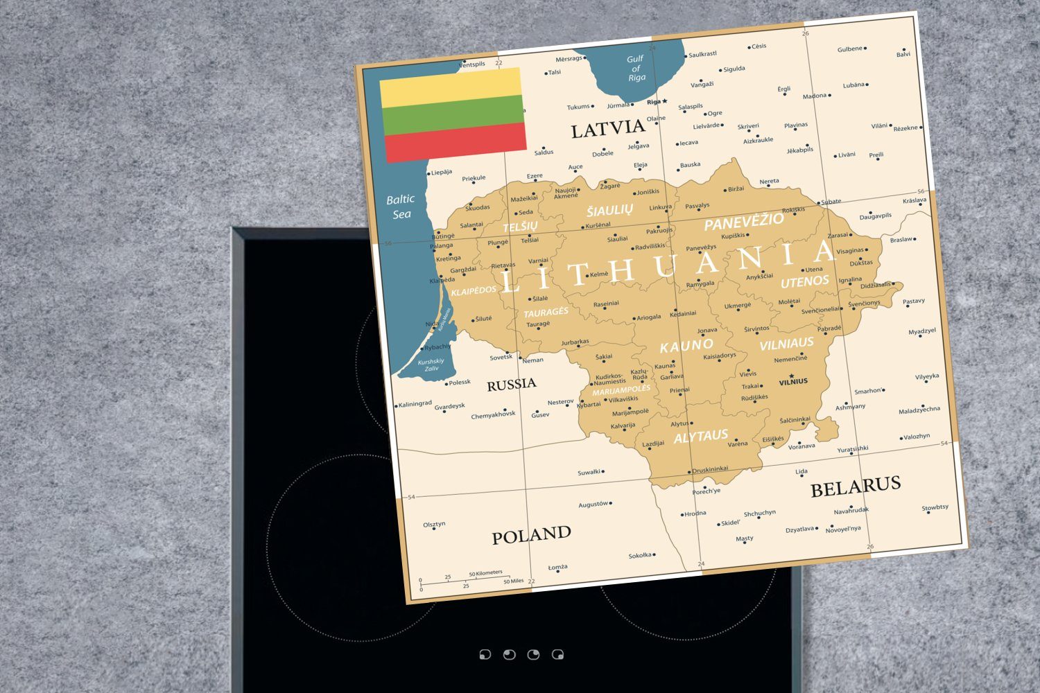 Litauen küche von Ceranfeldabdeckung, tlg), cm, MuchoWow mit Arbeitsplatte Flagge, Karte Herdblende-/Abdeckplatte Vinyl, für (1 78x78