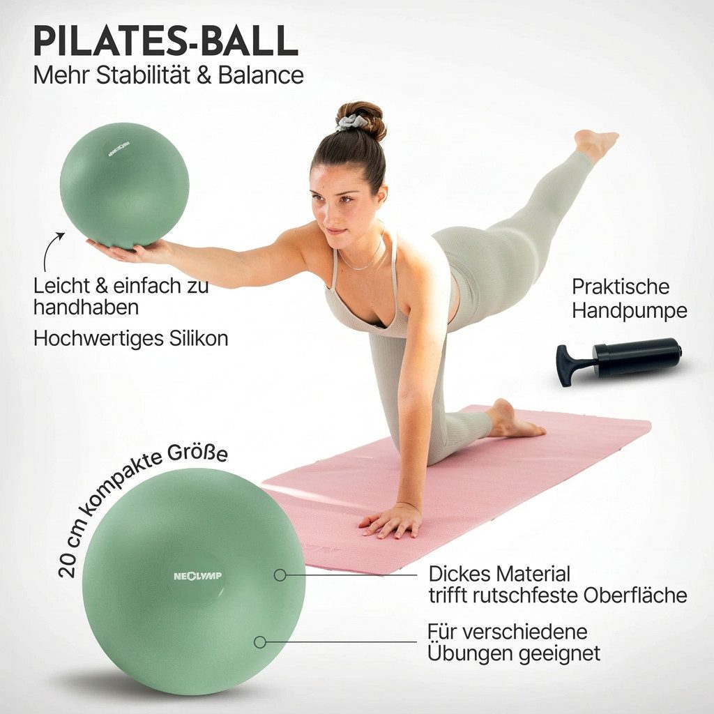 NEOLYMP Pilatesball Pilatesball 20 cm - rutschfester Pilates Ball inkl. Pumpe (Kompakter Exercise Ball für Yoga & Physiotherapie inkl. E-Book), Mini Gymnastikball aus Silikon für Core-Training, Balance, Pilates