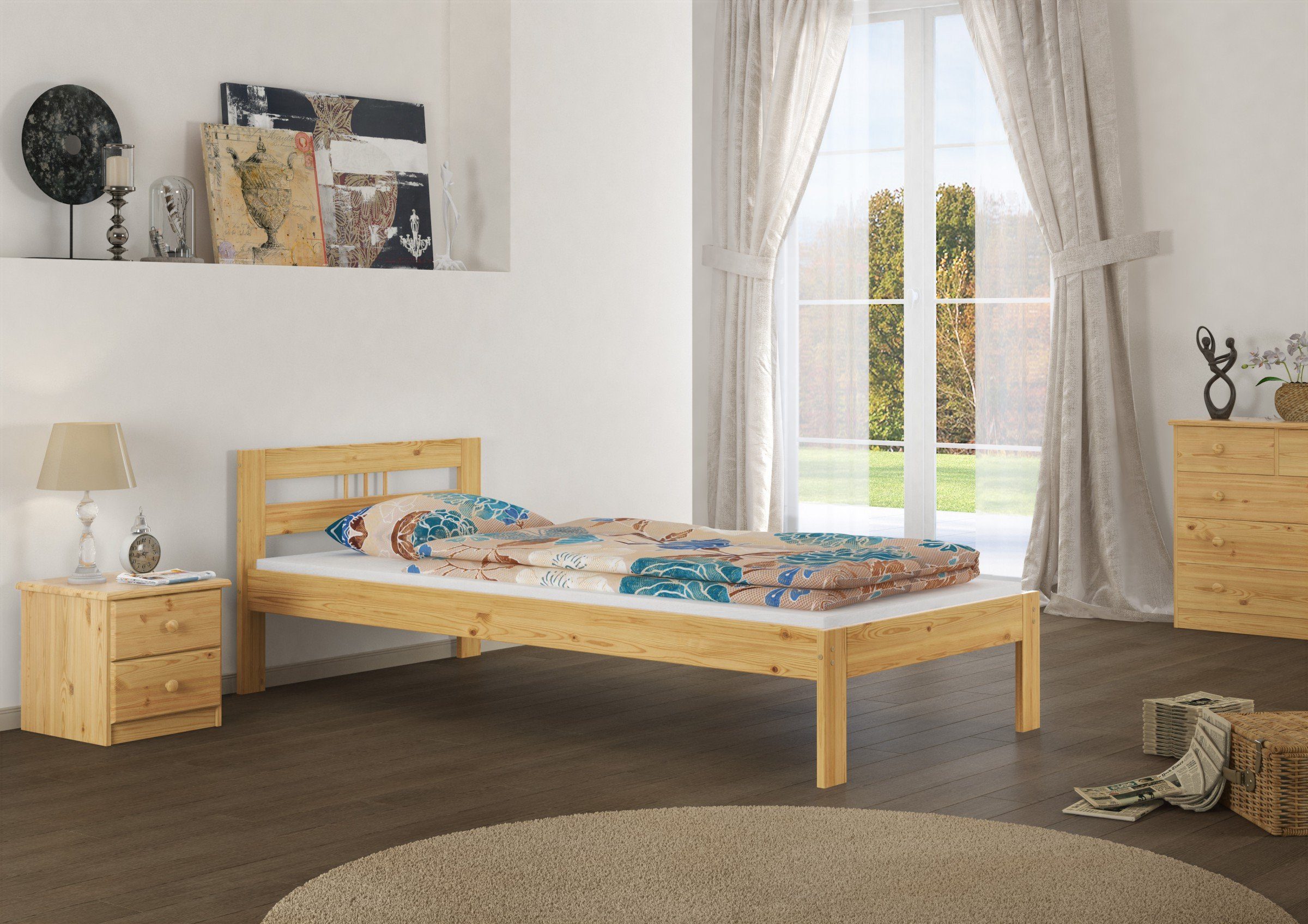 ERST-HOLZ Kinderbett Massivholz Kiefer lackiert Matratze, Kieferfarblos 90x190 Rollrost Einzelbett Einzelbett