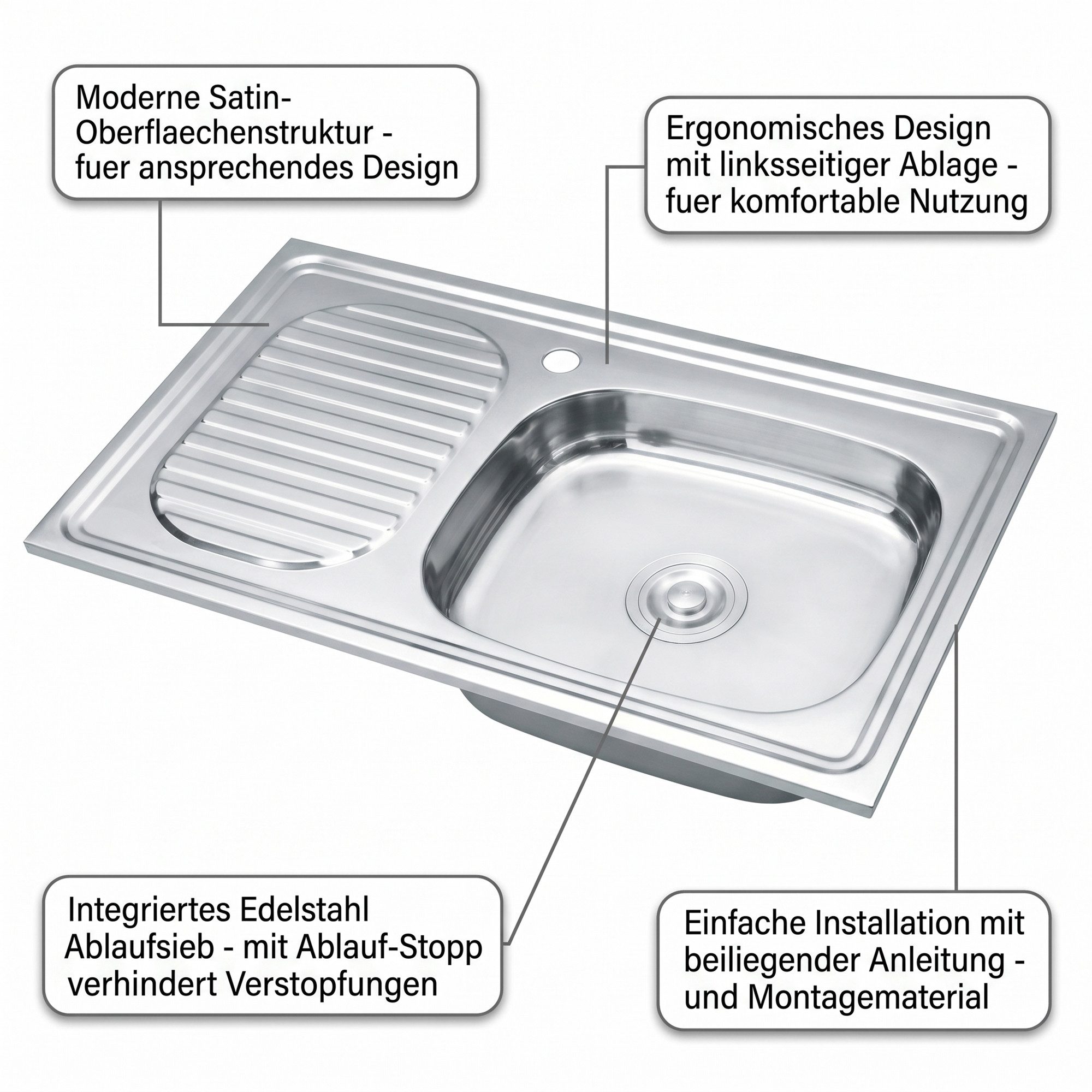Mucola Küchenspüle Einbauspüle Edelstahl Spülbecken Edelstahlspüle Ablage links, rechteckig, 80/50 cm, Ablaufgarnitur + kompletter Siphon, (Stück, 1 St., Nein), – Bild 5 von 5