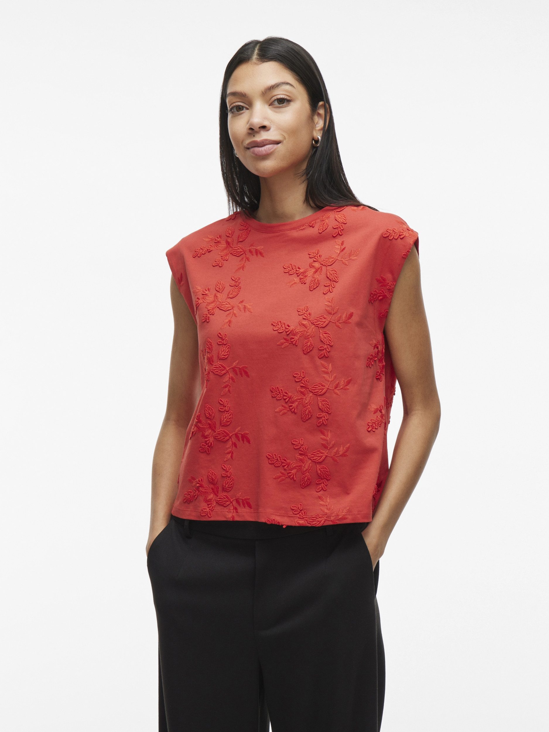 Vila Kurzarmbluse VINAYLA O-NECK S/L TOP Aurora Red