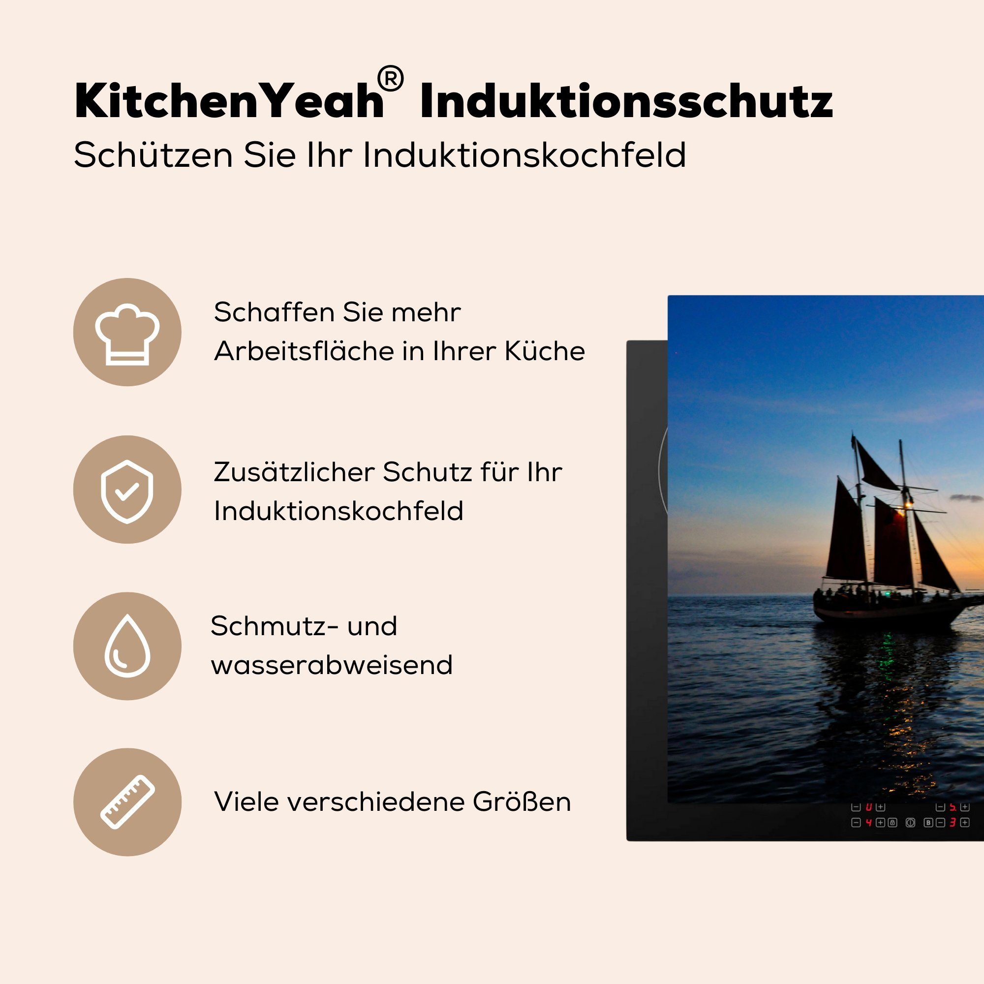 MuchoWow Herdblende-/Abdeckplatte auf von Segelboot (1 Induktionskochfeld Meer dem Ceranfeldabdeckung Florida in für Schutz der Nähe bei 81x52 die Vinyl, küche, cm, Sonnenuntergang, tlg)