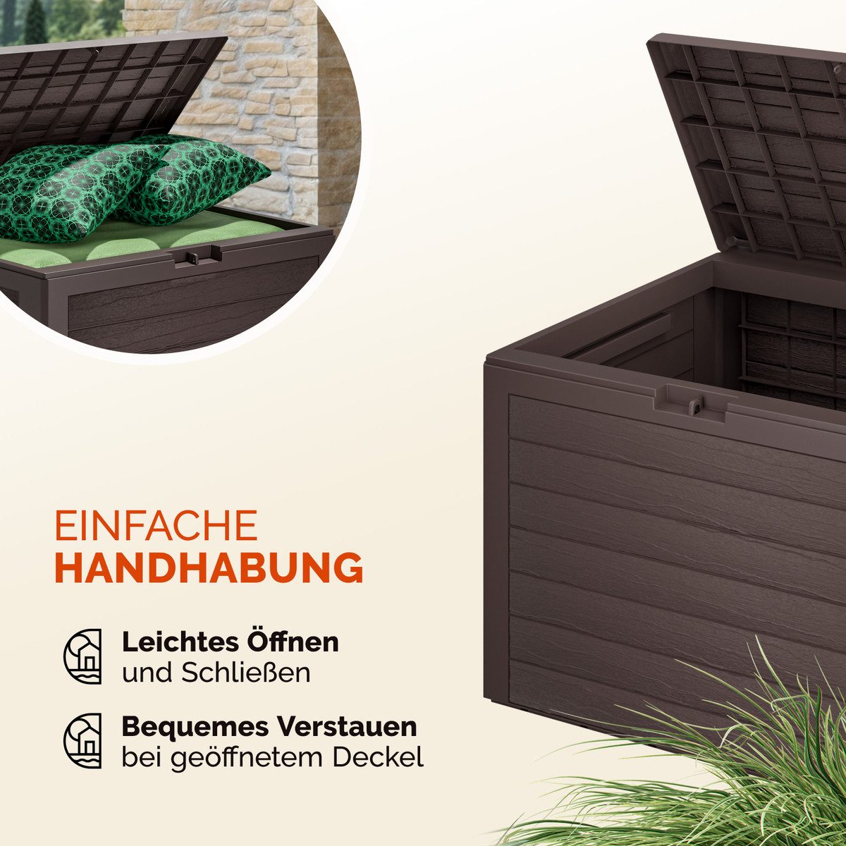 Casaria Auflagenbox Lille - braun (1 St), 190L UV-beständig Griffmulden Verschließbar Balkon Holz-Optik Braun – Bild 5 von 5
