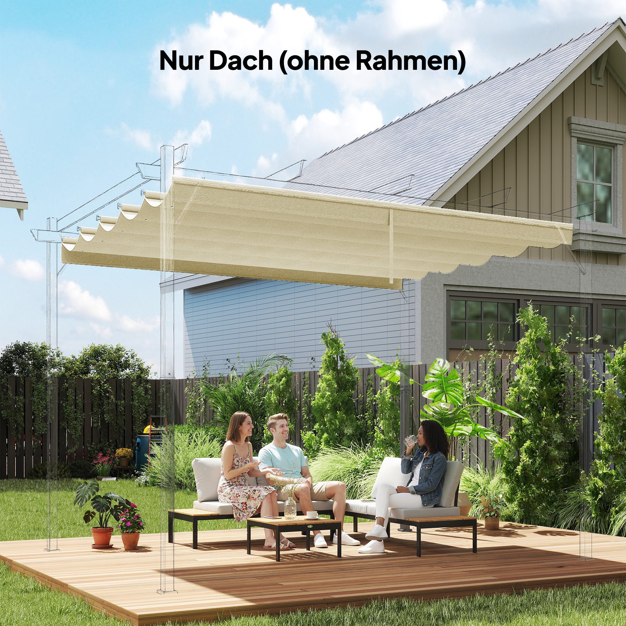Outsunny Pavillon-Ersatzdach mit Regenabflusslöchern, 180 g/m², 255 x 255 cm (einziehbar Welle Überdachung, Schattenabdeckung), für Garten, Terrasse, 250 x 255 cm Cremeweiß