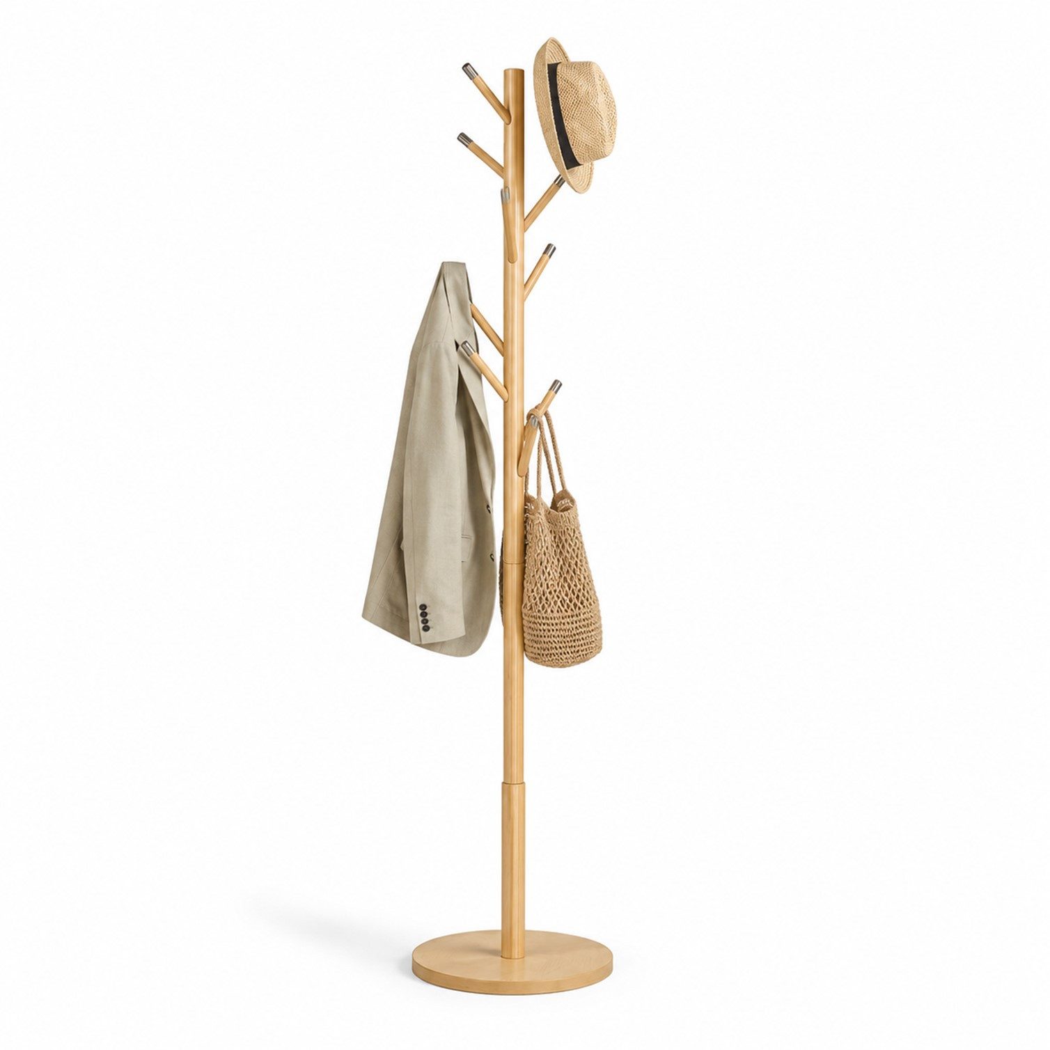 HOOZ Garderobenständer Standgarderobe Bambus inkl. 8 Metallkappen Kleiderständer freistehend, (Einzelartikel, 1 St., Einzelner Garderobenständer mit 8 Kleiderhaken), Platzsparende Bambus Garderobe mit modernem Design & 8 Haken