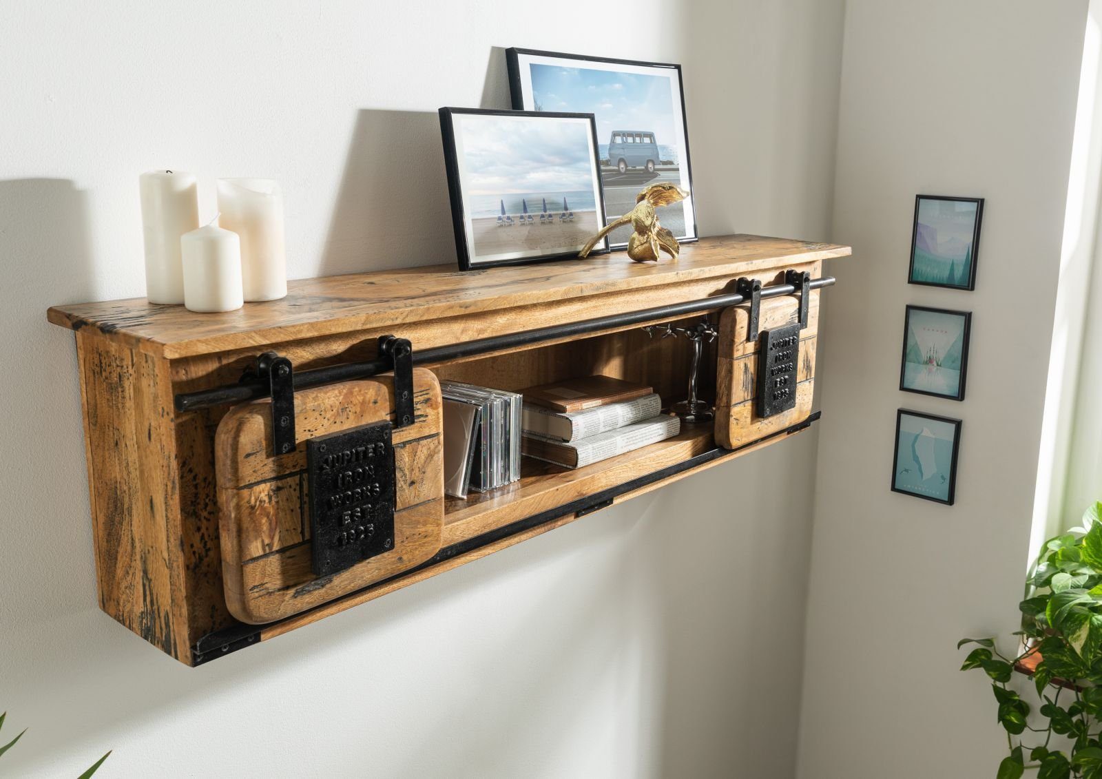 Massivmoebel24 Wandregal, 1-tlg., Mango 130x25x35 natur lackiert RAILWAY #1 günstig online kaufen